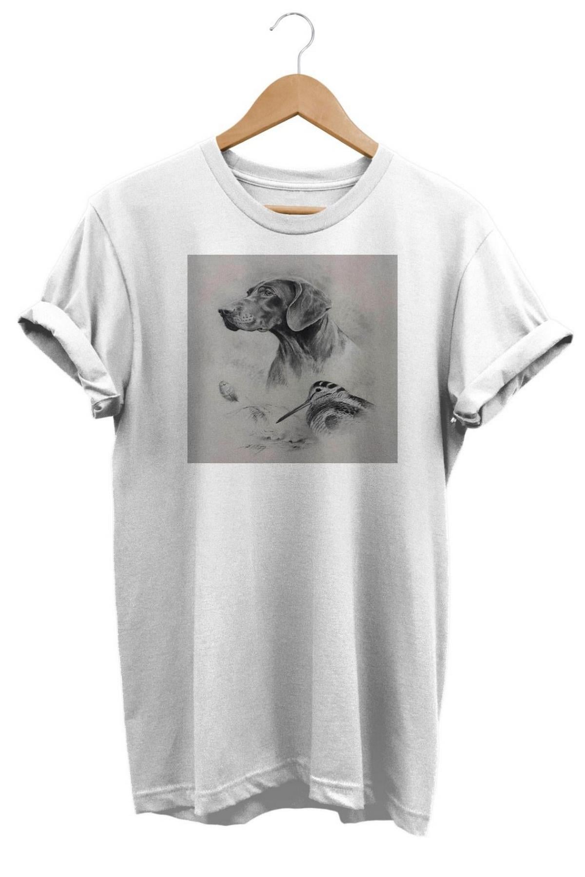 Widi Av Köpeği ve Çulluk Baskılı T-Shirt Beyaz
