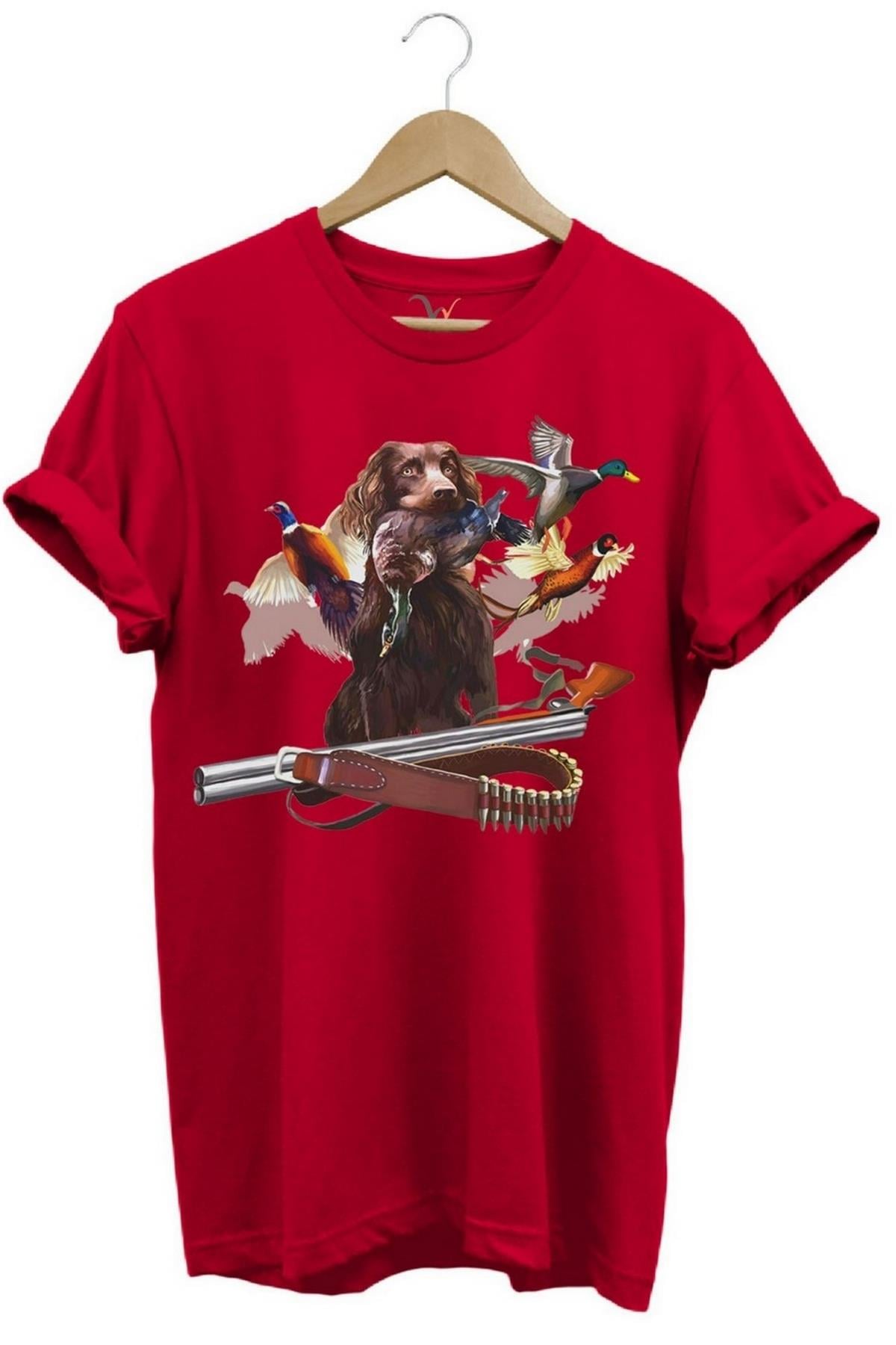 Widi Avcı Köpeği Desenli Halka Boyunlu Sülün T-Shirt Kırmızı