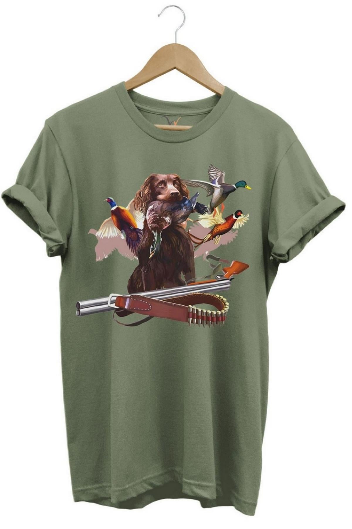 Widi Avcı Köpeği Desenli Halka Boyunlu Sülün T-Shirt Haki