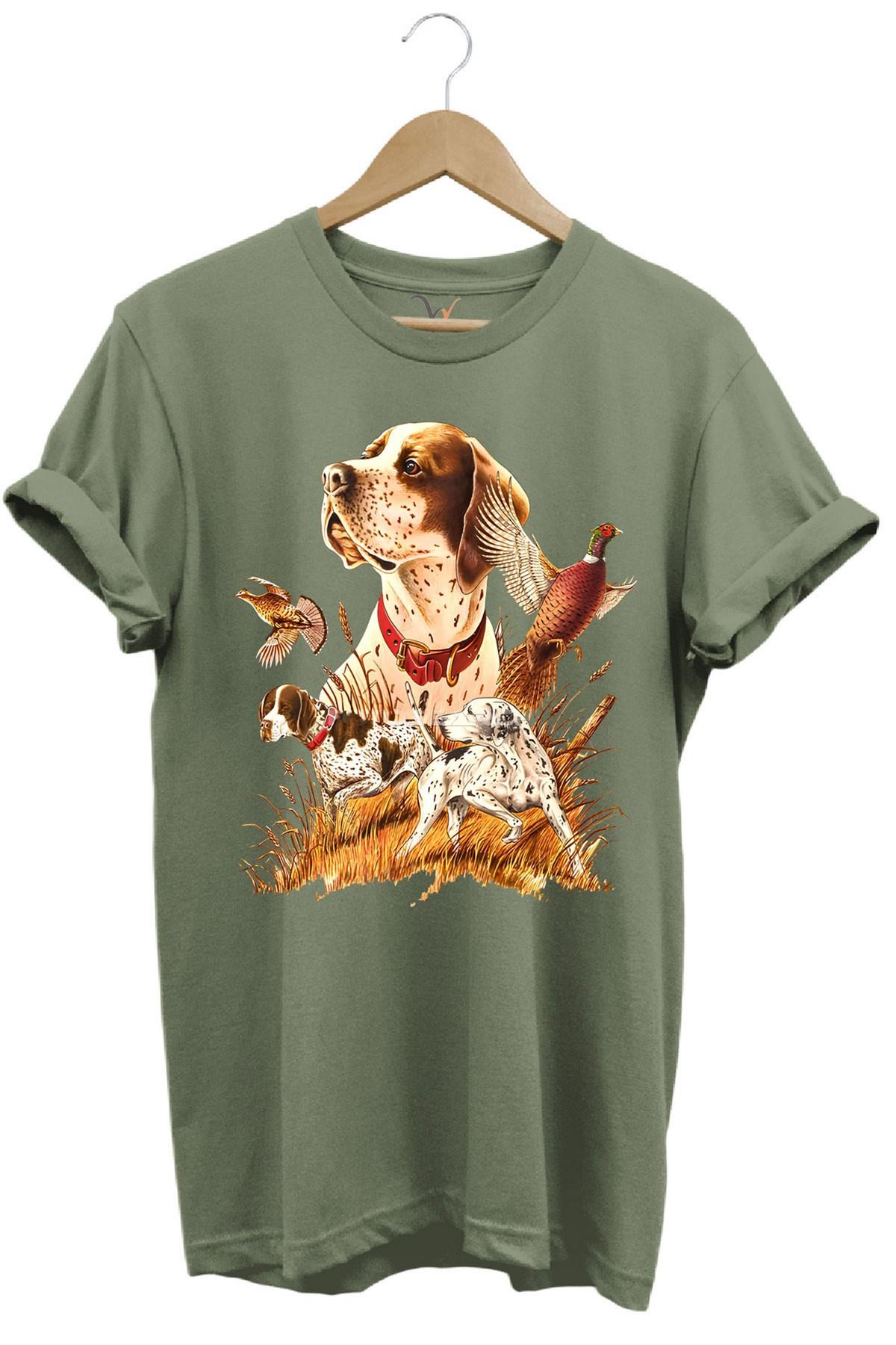 Widi Avcılık Desenli Av Köpeği İngiliz Pointer Setter Sülün Vahşi Yaşam Baskılı Regular Fit T-Shirt Haki