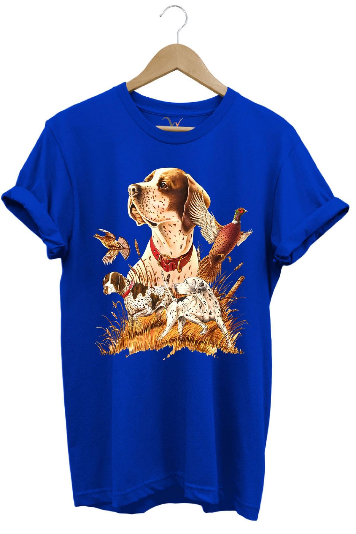 Widi Avcılık Desenli Av Köpeği İngiliz Pointer Setter Sülün Vahşi Yaşam Baskılı Regular Fit T-Shirt Mavi
