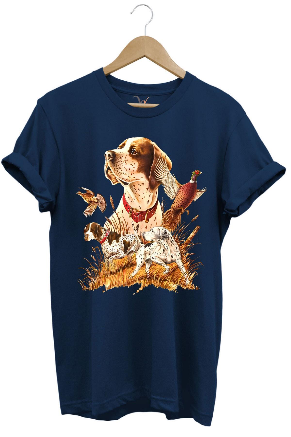 Widi Avcılık Desenli Av Köpeği İngiliz Pointer Setter Sülün Vahşi Yaşam Baskılı Regular Fit T-Shirt Lacivert