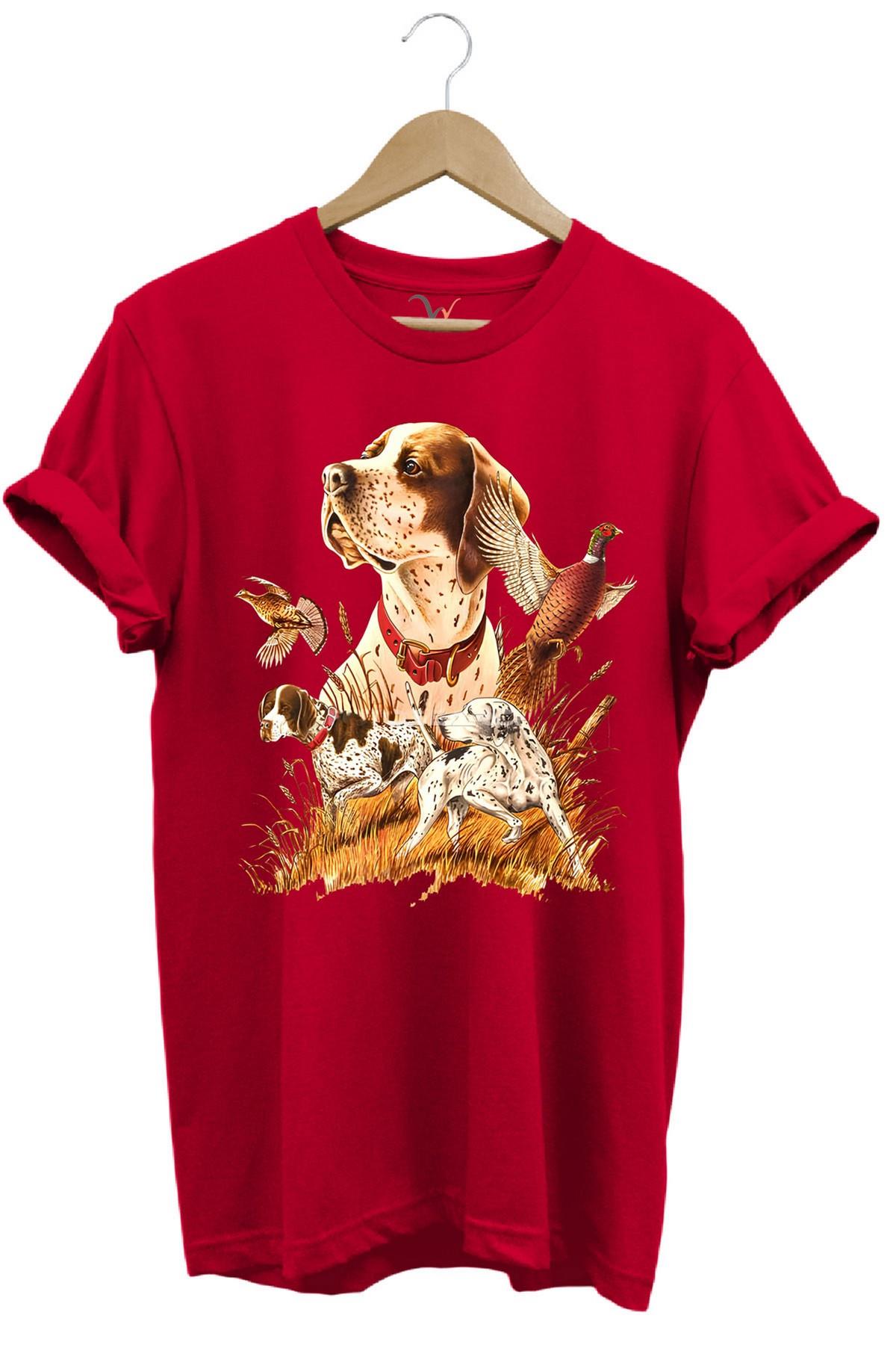 Widi Avcılık Desenli Av Köpeği İngiliz Pointer Setter Sülün Vahşi Yaşam Baskılı Regular Fit T-Shirt Kırmızı