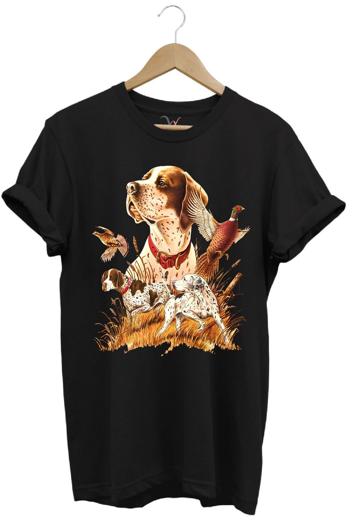 Widi Avcılık Desenli Av Köpeği İngiliz Pointer Setter Sülün Vahşi Yaşam Baskılı Regular Fit T-Shirt Siyah
