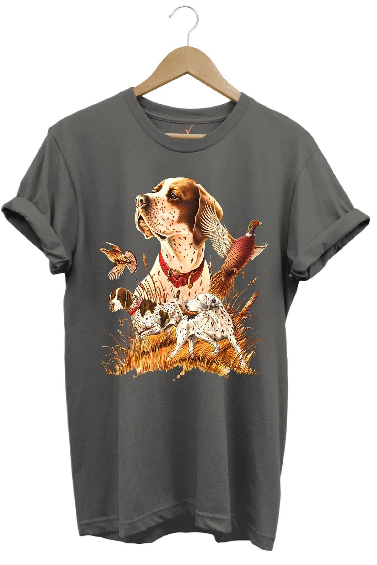 Widi Avcılık Desenli Av Köpeği İngiliz Pointer Setter Sülün Vahşi Yaşam Baskılı Regular Fit T-Shirt Antrasit