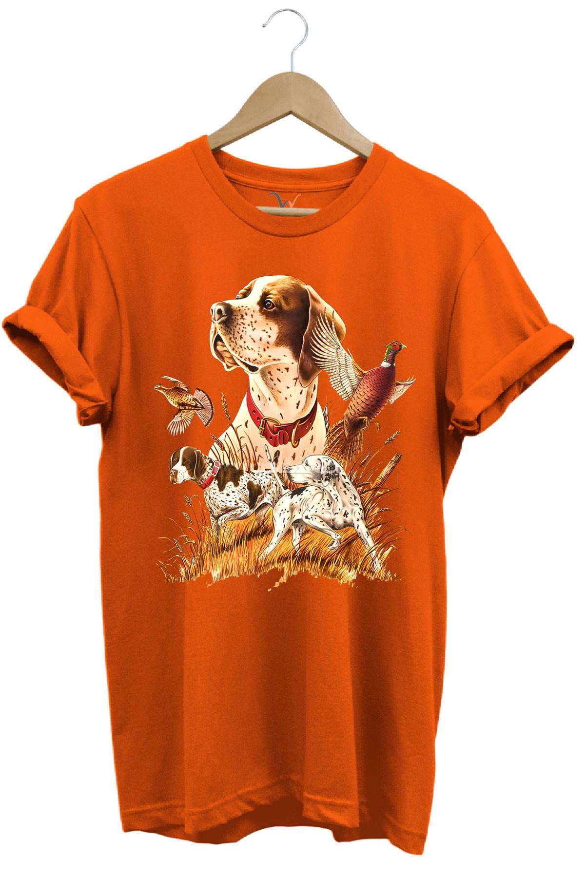 Widi Avcılık Desenli Av Köpeği İngiliz Pointer Setter Sülün Vahşi Yaşam Baskılı Regular Fit T-Shirt Turuncu