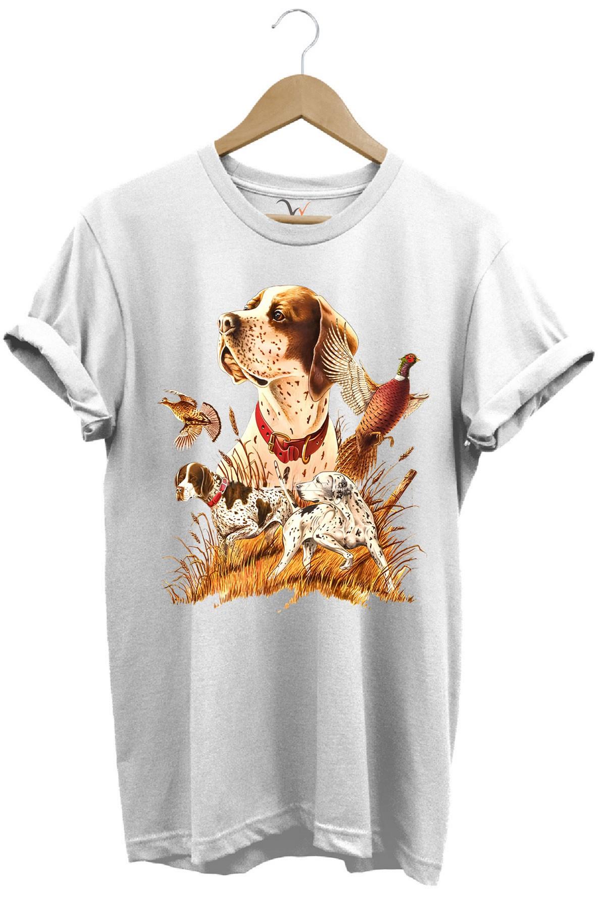 Widi Avcılık Desenli Av Köpeği İngiliz Pointer Setter Sülün Vahşi Yaşam Baskılı Regular Fit T-Shirt Beyaz