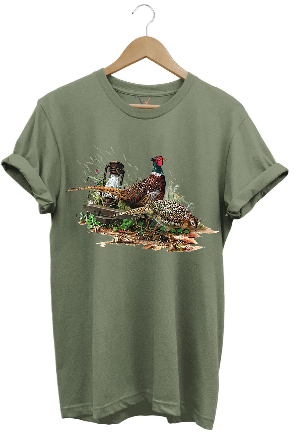 Widi Avcılık Desenli Halka Boyunlu Sülün T-Shirt Haki