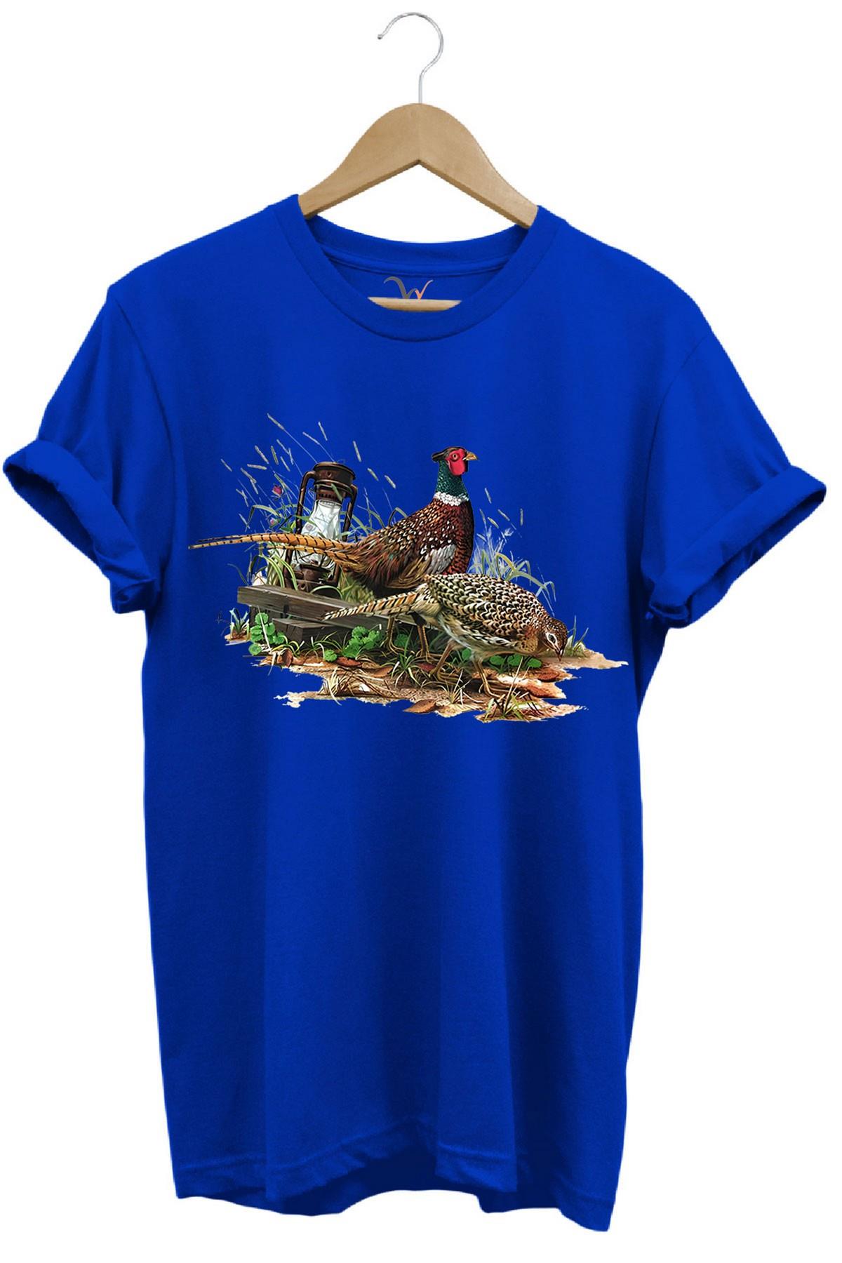 Widi Avcılık Desenli Halka Boyunlu Sülün T-Shirt Mavi