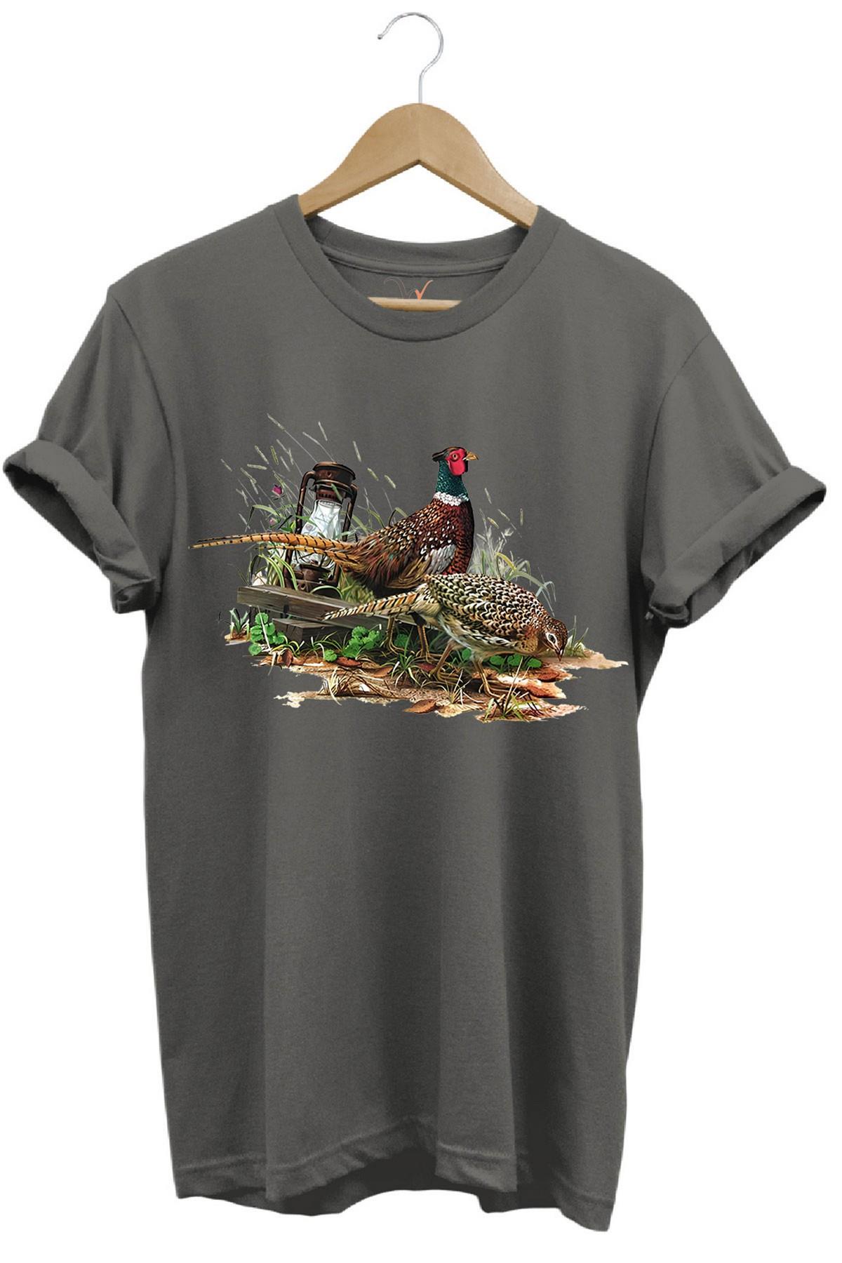 Widi Avcılık Desenli Halka Boyunlu Sülün T-Shirt Antrasit
