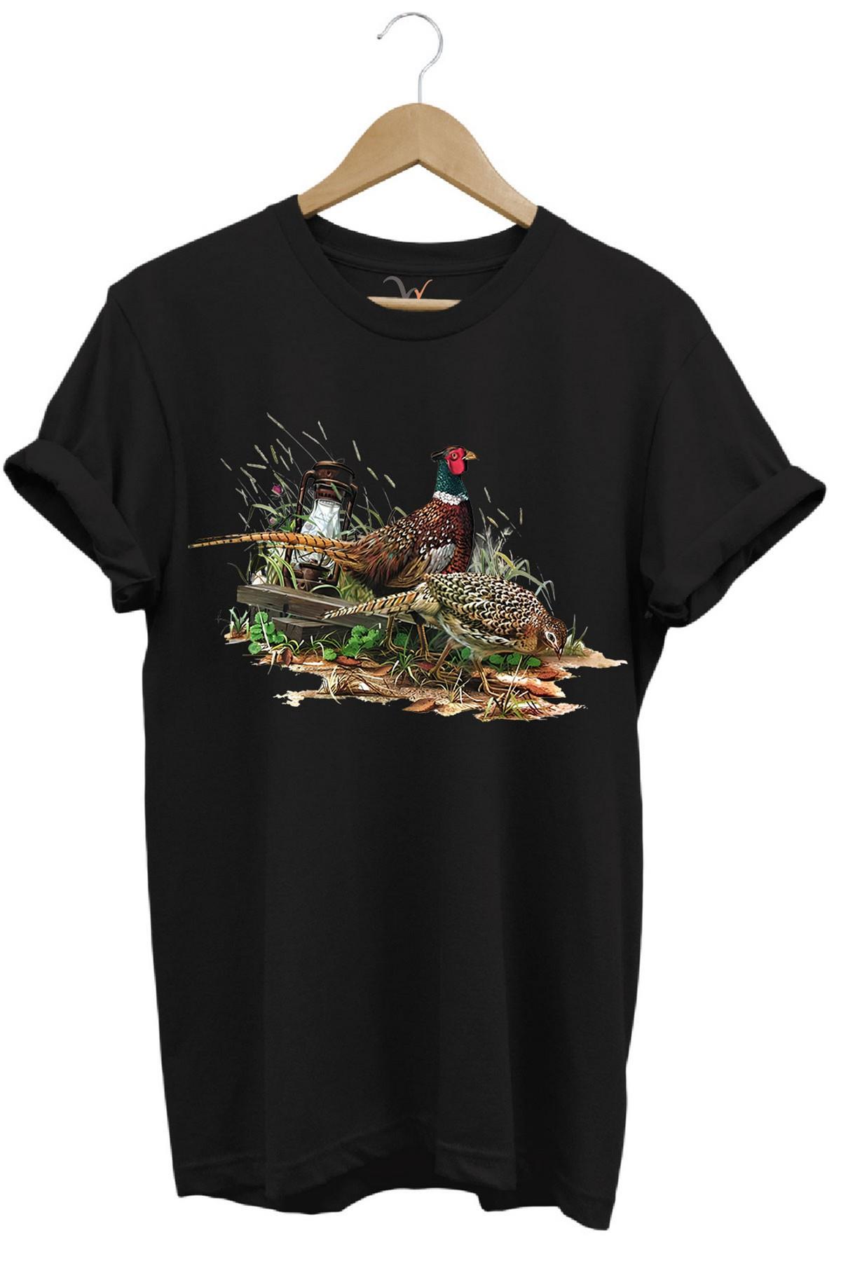 Widi Avcılık Desenli Halka Boyunlu Sülün T-Shirt Siyah