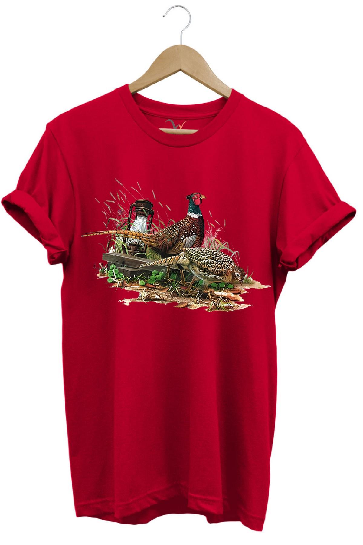Widi Avcılık Desenli Halka Boyunlu Sülün T-Shirt Kırmızı