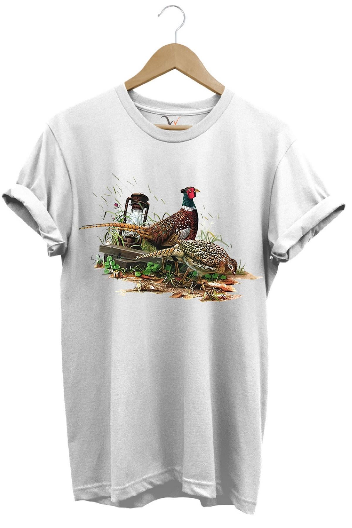 Widi Avcılık Desenli Halka Boyunlu Sülün T-Shirt Beyaz