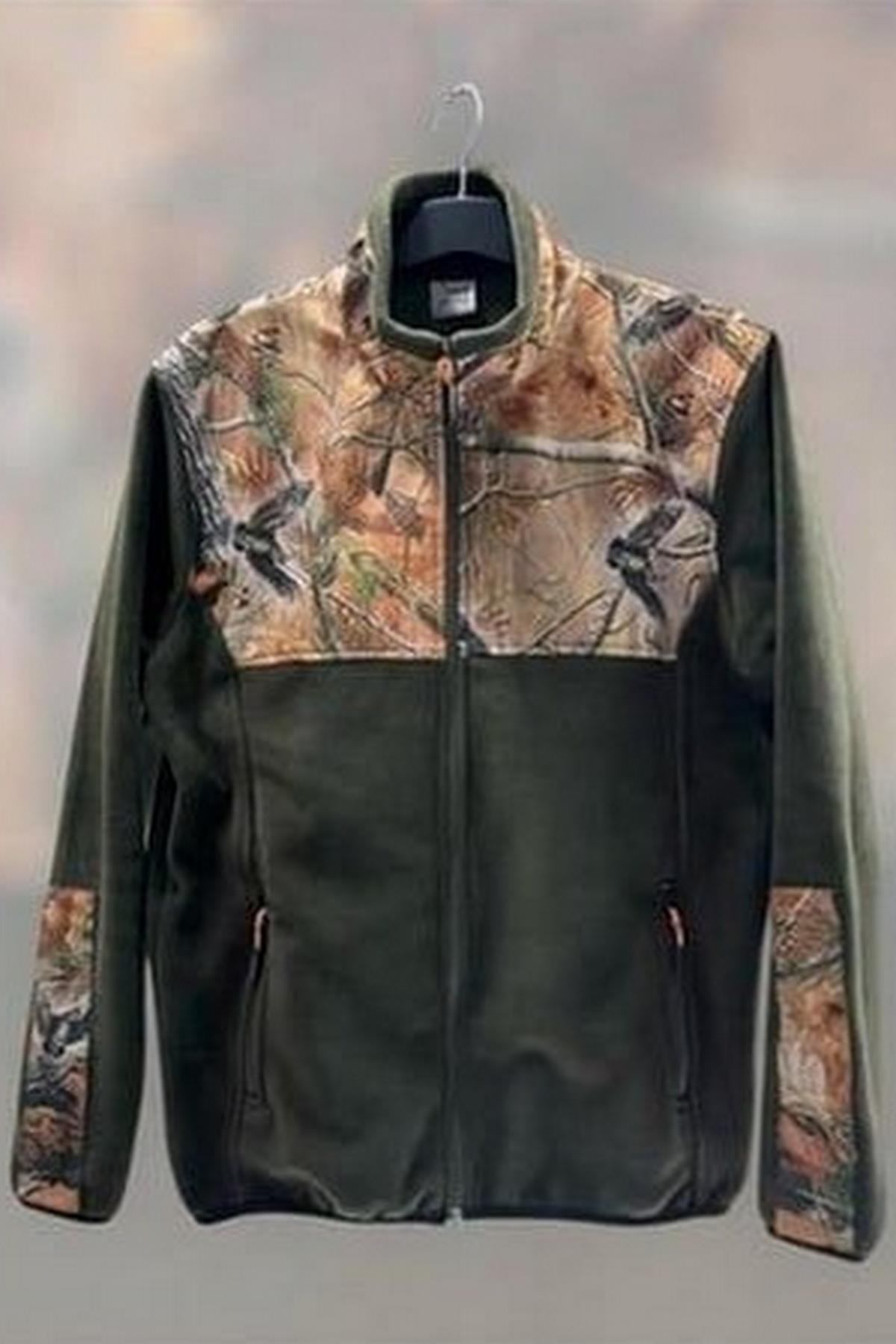 Widi Avcılık Hunter Orman Desen Çulluk Baskılı Garnili Tam Fermuarlı Dik Yaka Haki Polar Sweatshirt