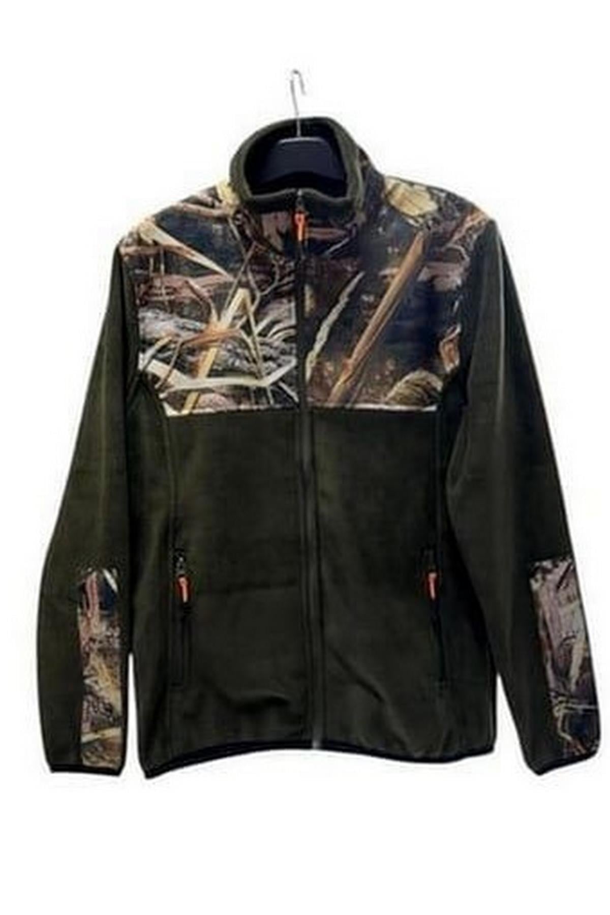Widi Avcılık Hunter Saz Desen Baskılı Garnili Tam Fermuarlı Dik Yaka Haki Polar Sweatshirt