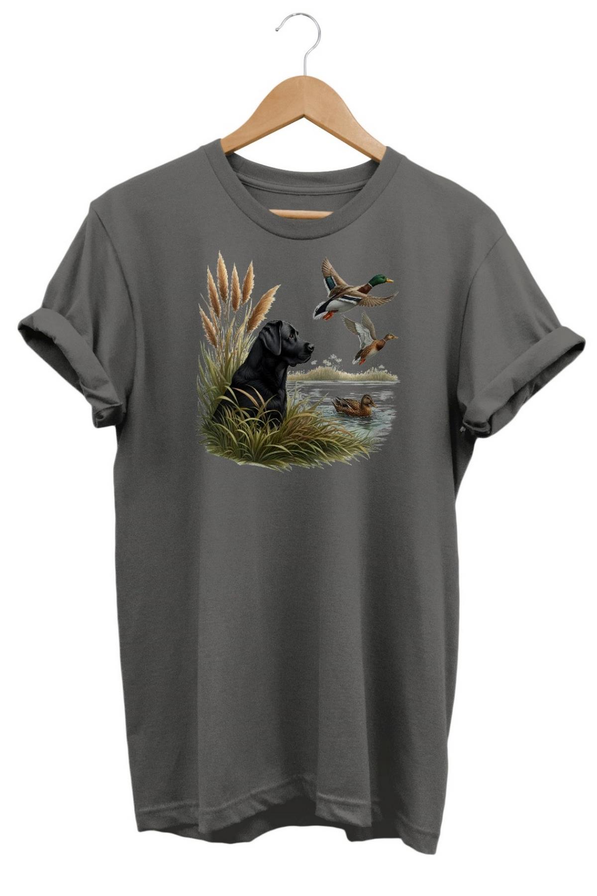 Widi Black Labrador Duck Hunt Baskılı T-Shirt Gri