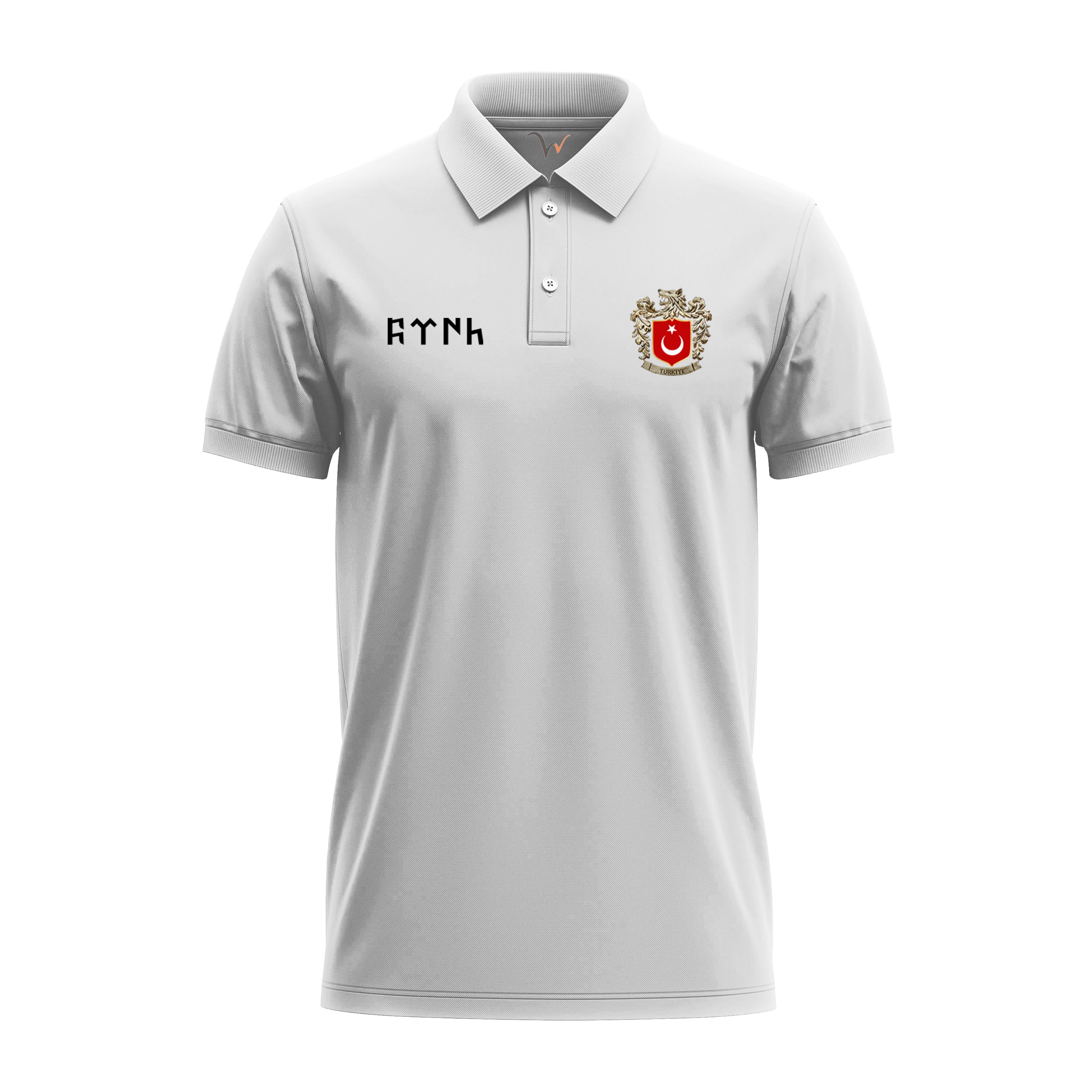Widi Bozkurt Sembolü ve Türk Bayrağı Baskılı Polo Yaka T-Shirt Beyaz