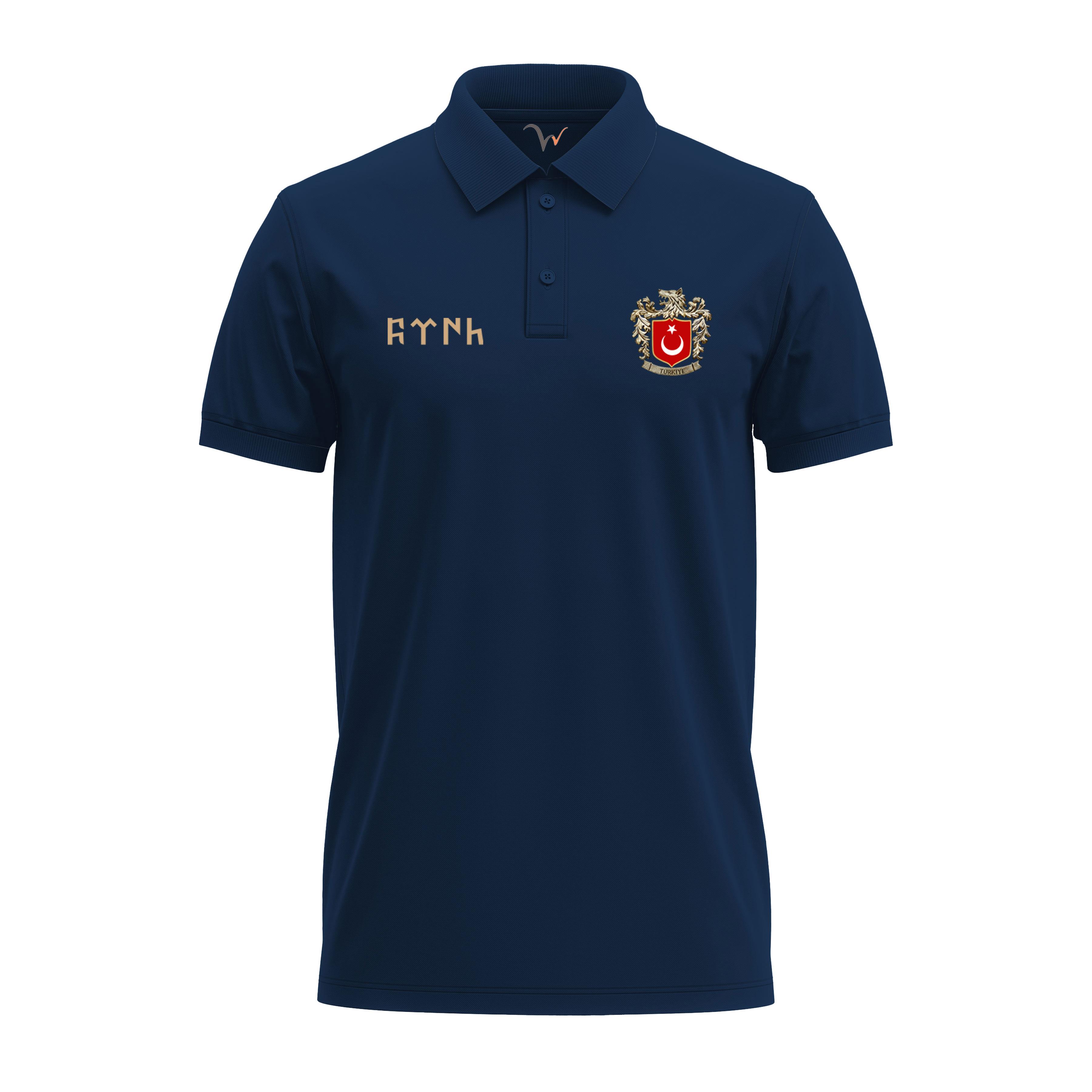 Widi Bozkurt Sembolü ve Türk Bayrağı Baskılı Polo Yaka T-Shirt Lacivert