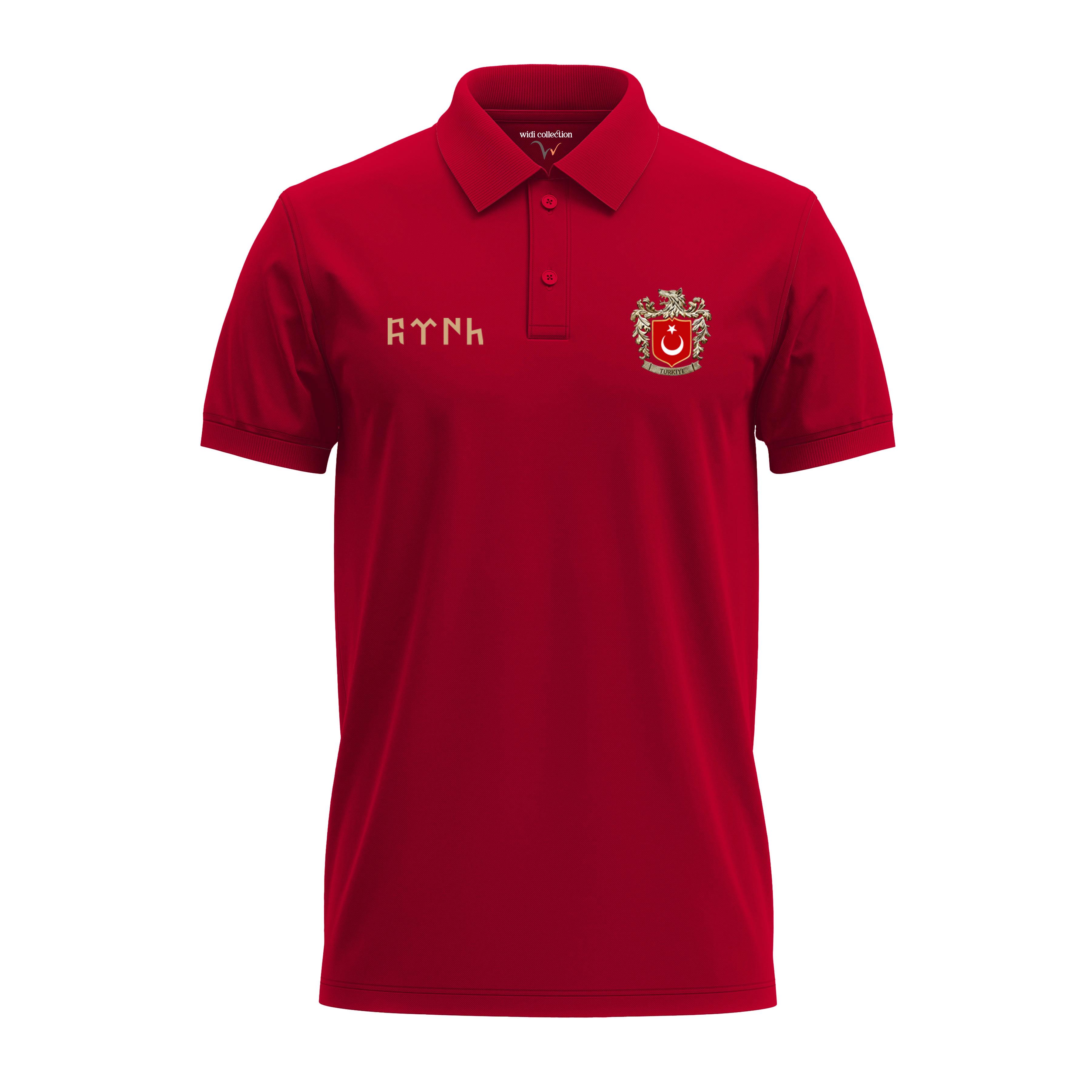 Widi Bozkurt Sembolü ve Türk Bayrağı Baskılı Polo Yaka T-Shirt Kırmızı