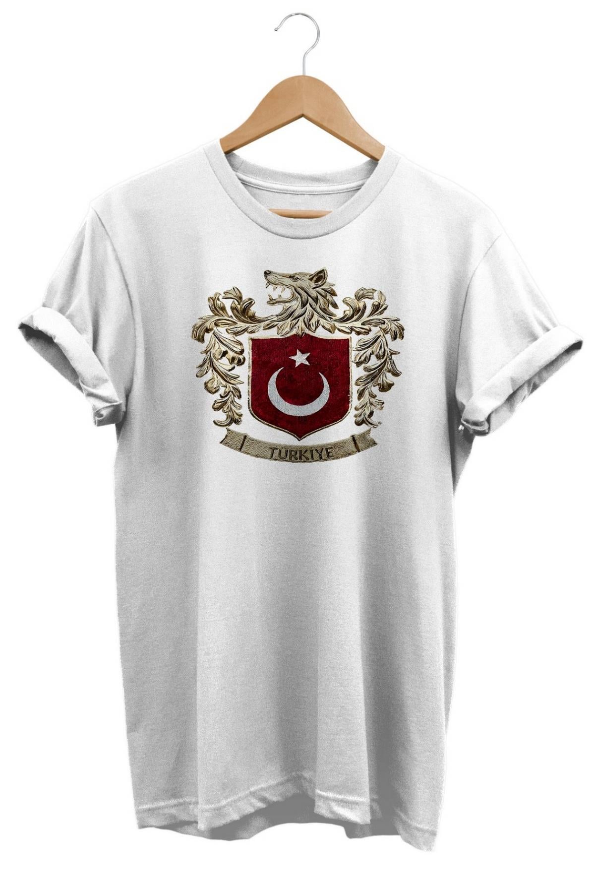 Widi Bozkurt Sembolü ve Türk Bayrağı Baskılı T-Shirt Beyaz