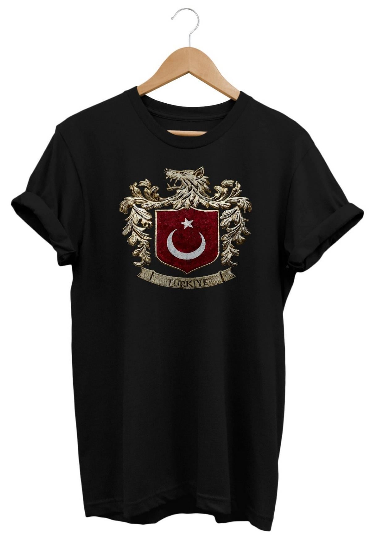 Widi Bozkurt Sembolü ve Türk Bayrağı Baskılı T-Shirt Siyah