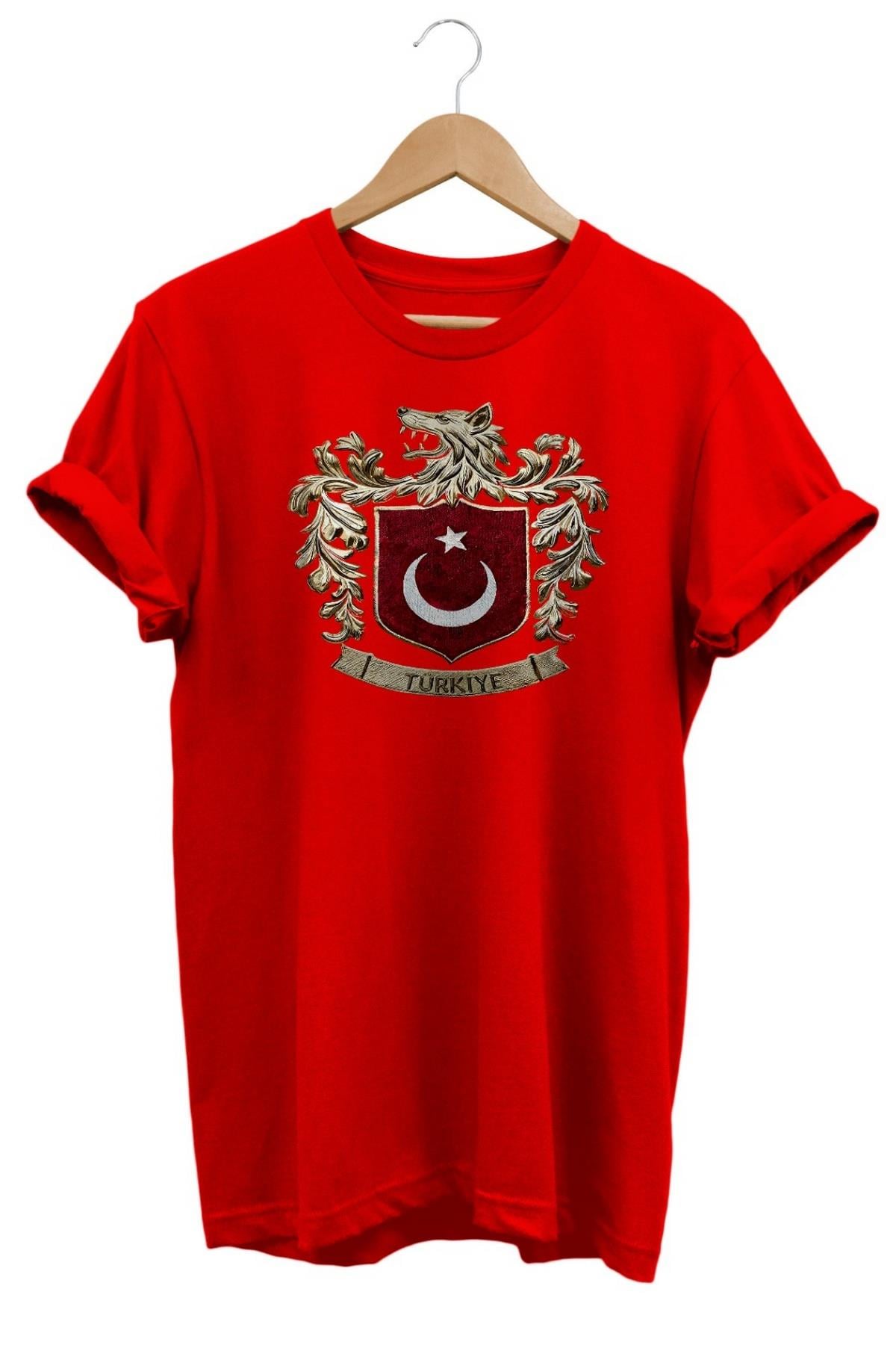 Widi Bozkurt Sembolü ve Türk Bayrağı Baskılı T-Shirt Kırmızı