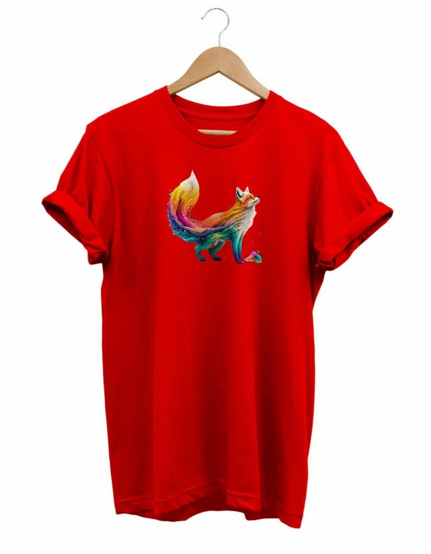 Widi Colorful Fox - Renkli Tilki Baskılı T-Shirt Kırmızı