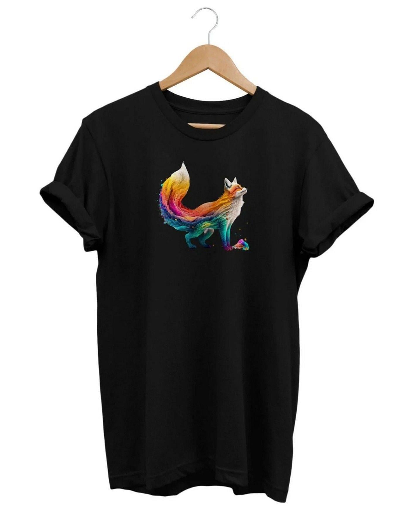 Widi Colorful Fox - Renkli Tilki Baskılı T-Shirt Siyah