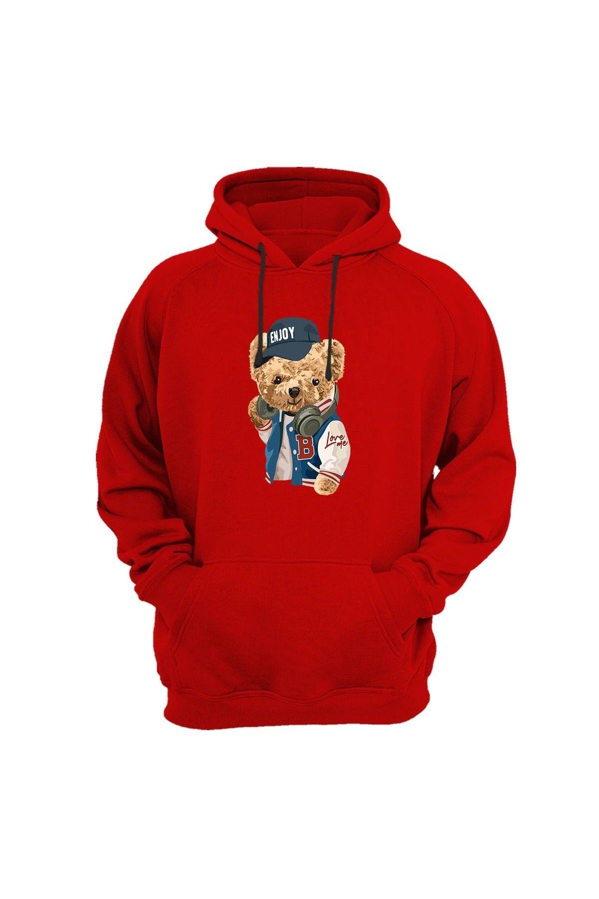 Widi Enjoy Bear - Enjoy Şapkalı Ayıcık Baskılı Sweatshirt Kırmızı