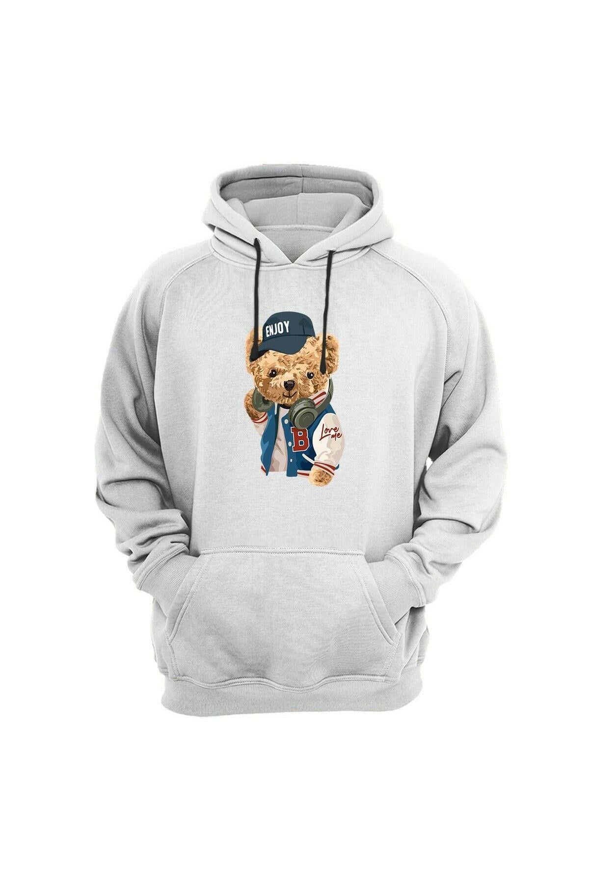 Widi Enjoy Bear - Enjoy Şapkalı Ayıcık Baskılı Sweatshirt Beyaz