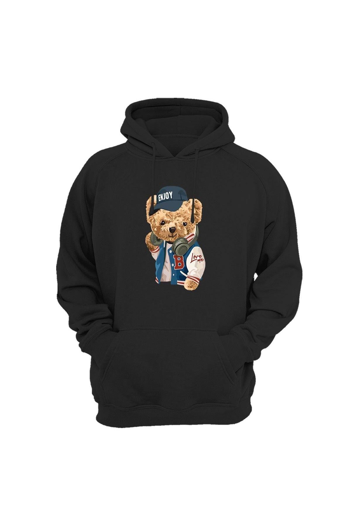Widi Enjoy Bear - Enjoy Şapkalı Ayıcık Baskılı Sweatshirt Siyah