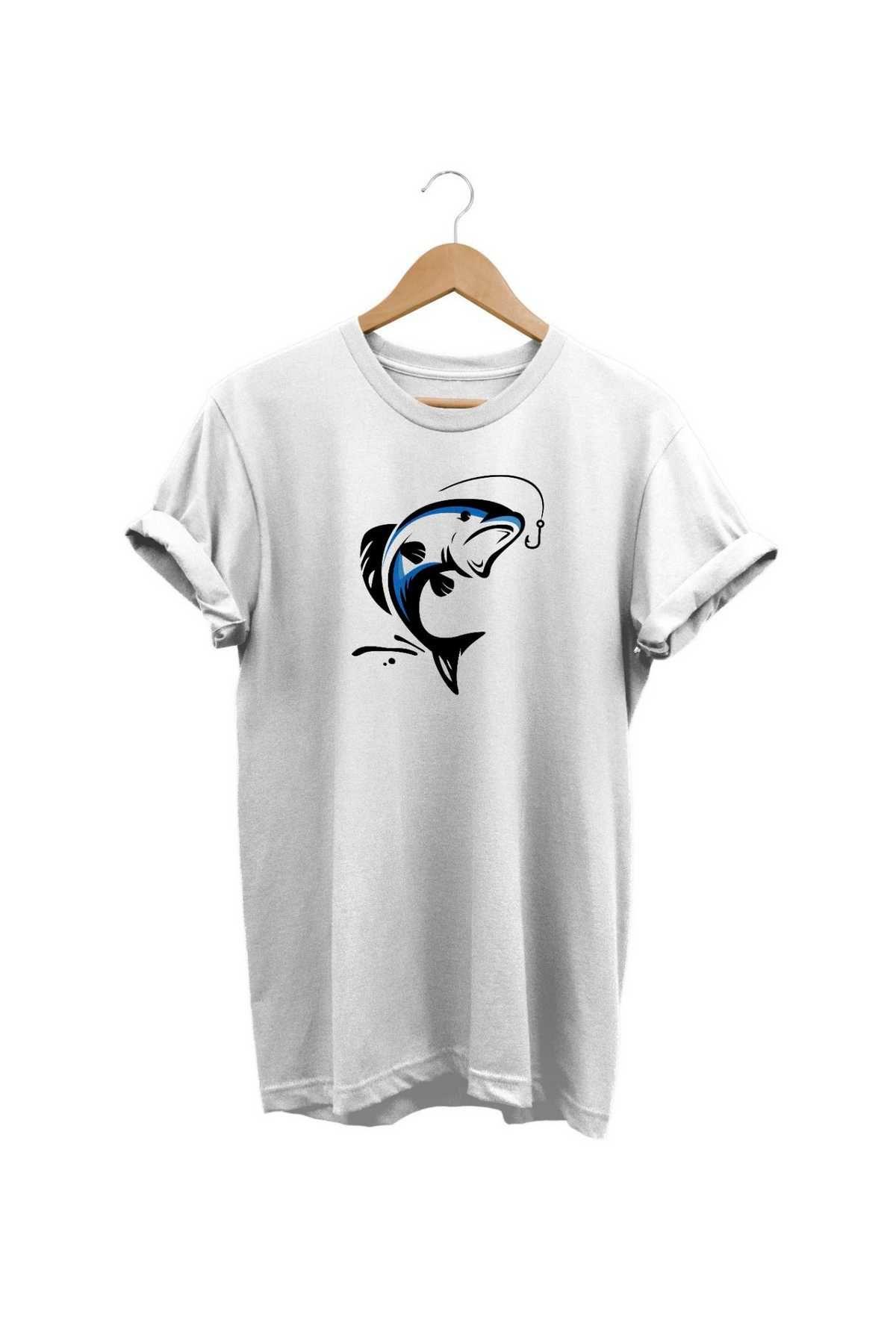 Widi Fish Hunting Baskılı T-Shirt Beyaz