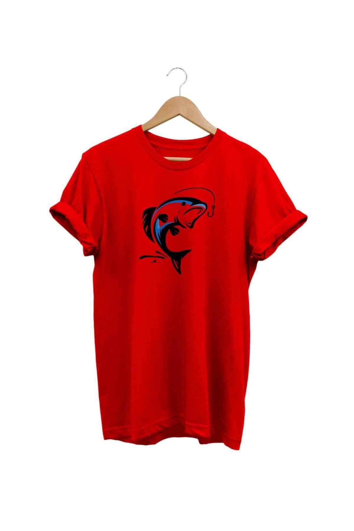 Widi Fish Hunting Baskılı T-Shirt Kırmızı
