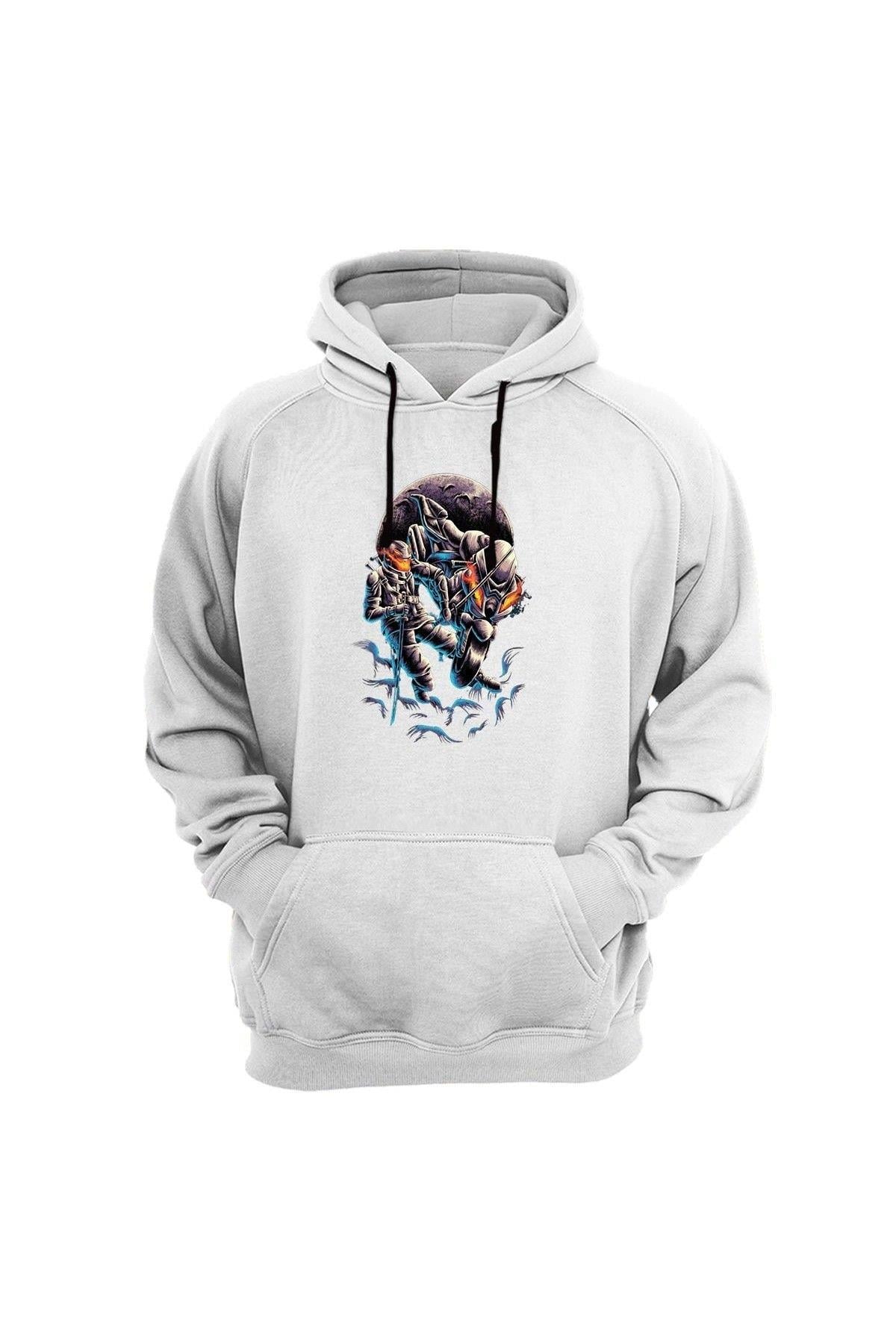 Widi Flaming Helmet - Alevli Kask Baskılı Sweatshirt Beyaz