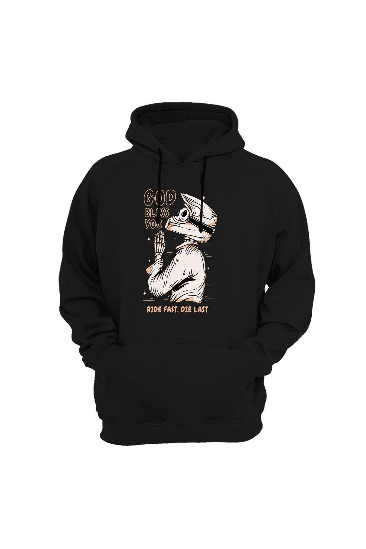 Widi God Blass You - İyi Yaşa Motorcu Baskılı Sweatshirt Siyah