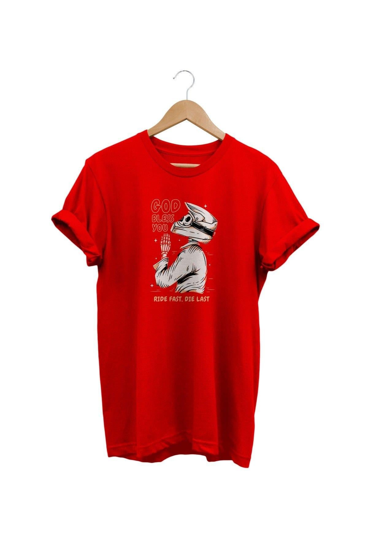 Widi God Blass You - İyi Yaşa Motorcu Baskılı T-Shirt Kırmızı