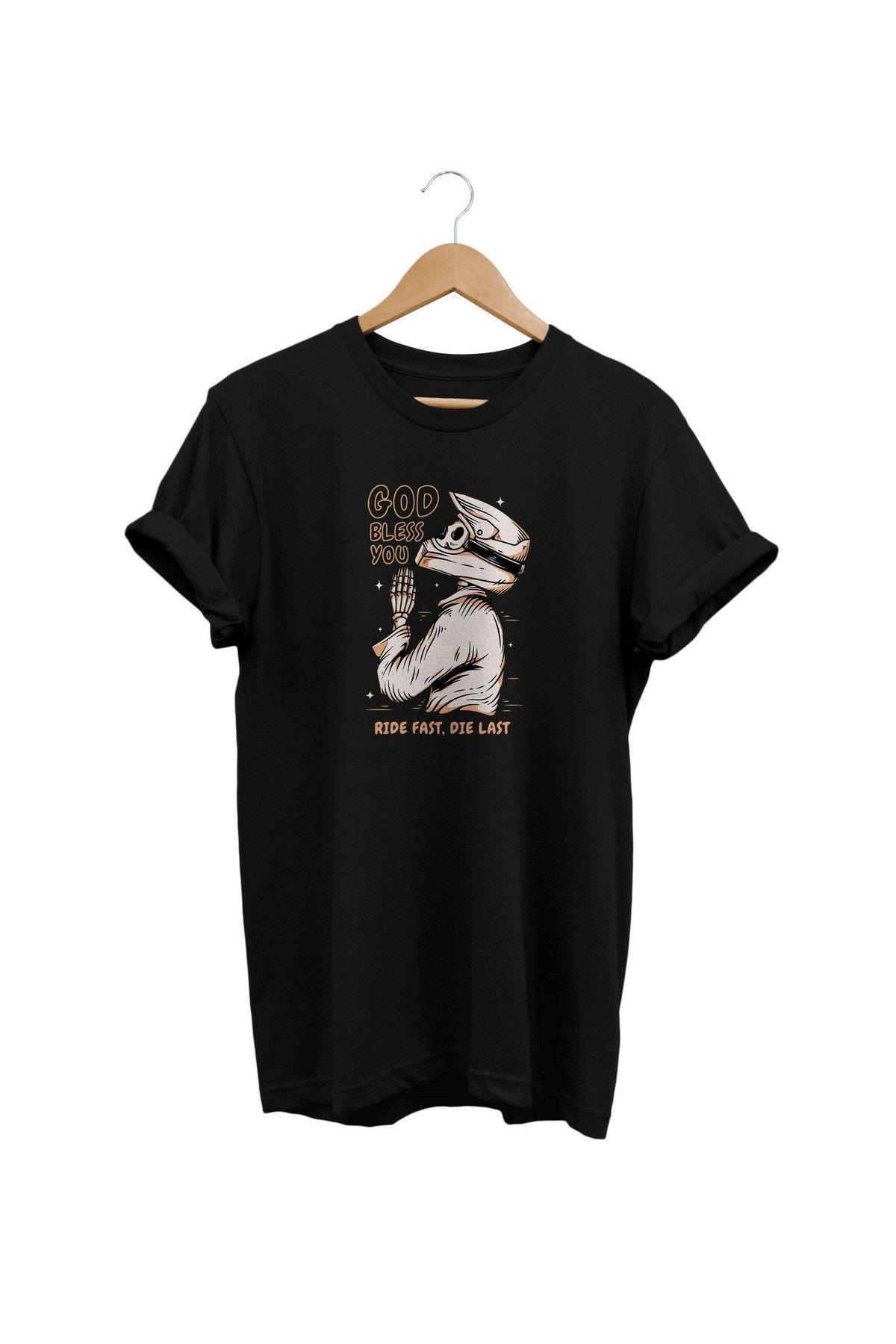 Widi God Blass You - İyi Yaşa Motorcu Baskılı T-Shirt Siyah