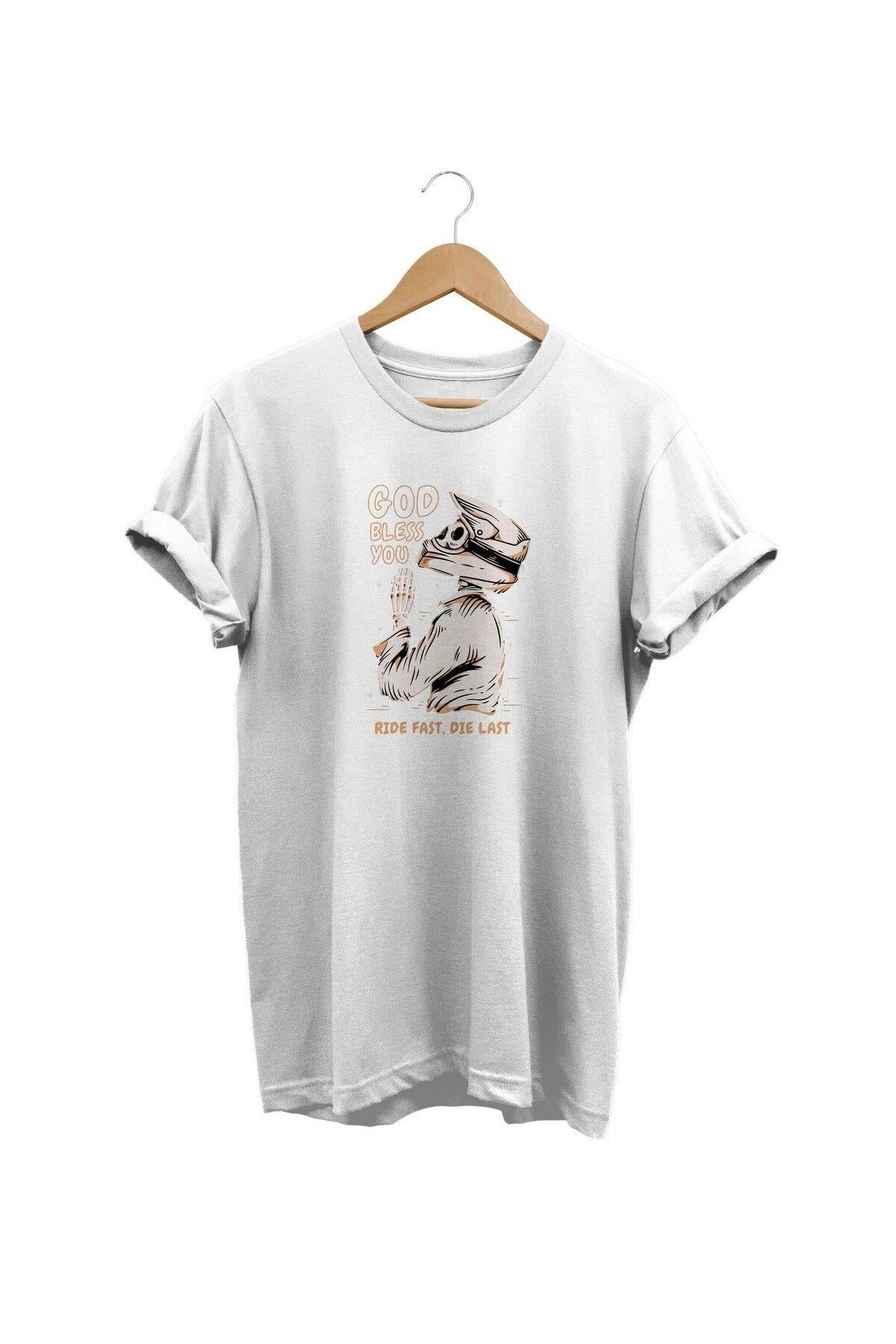 Widi God Blass You - İyi Yaşa Motorcu Baskılı T-Shirt Beyaz