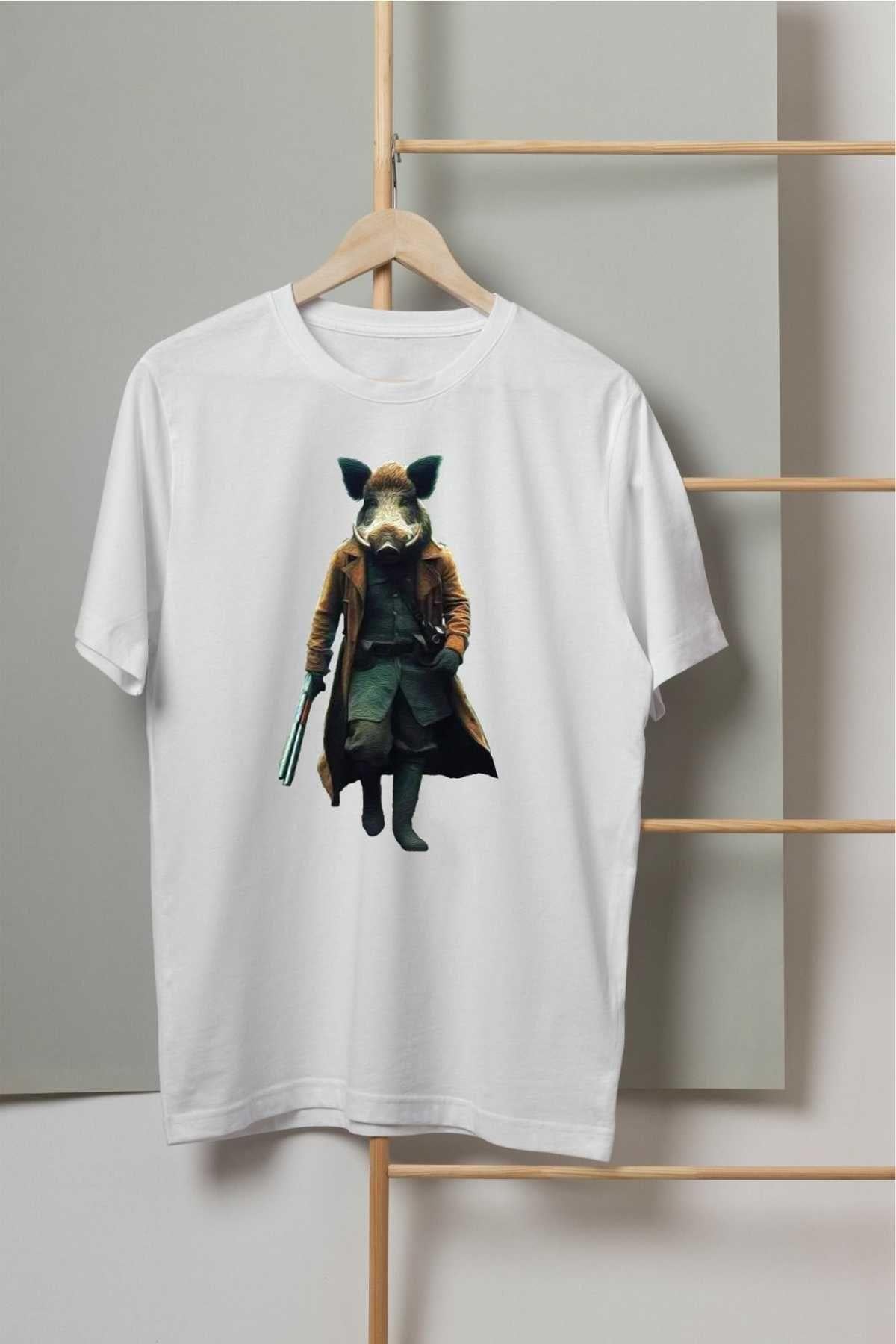 Widi Hunting Pig Baskılı T-Shirt Beyaz