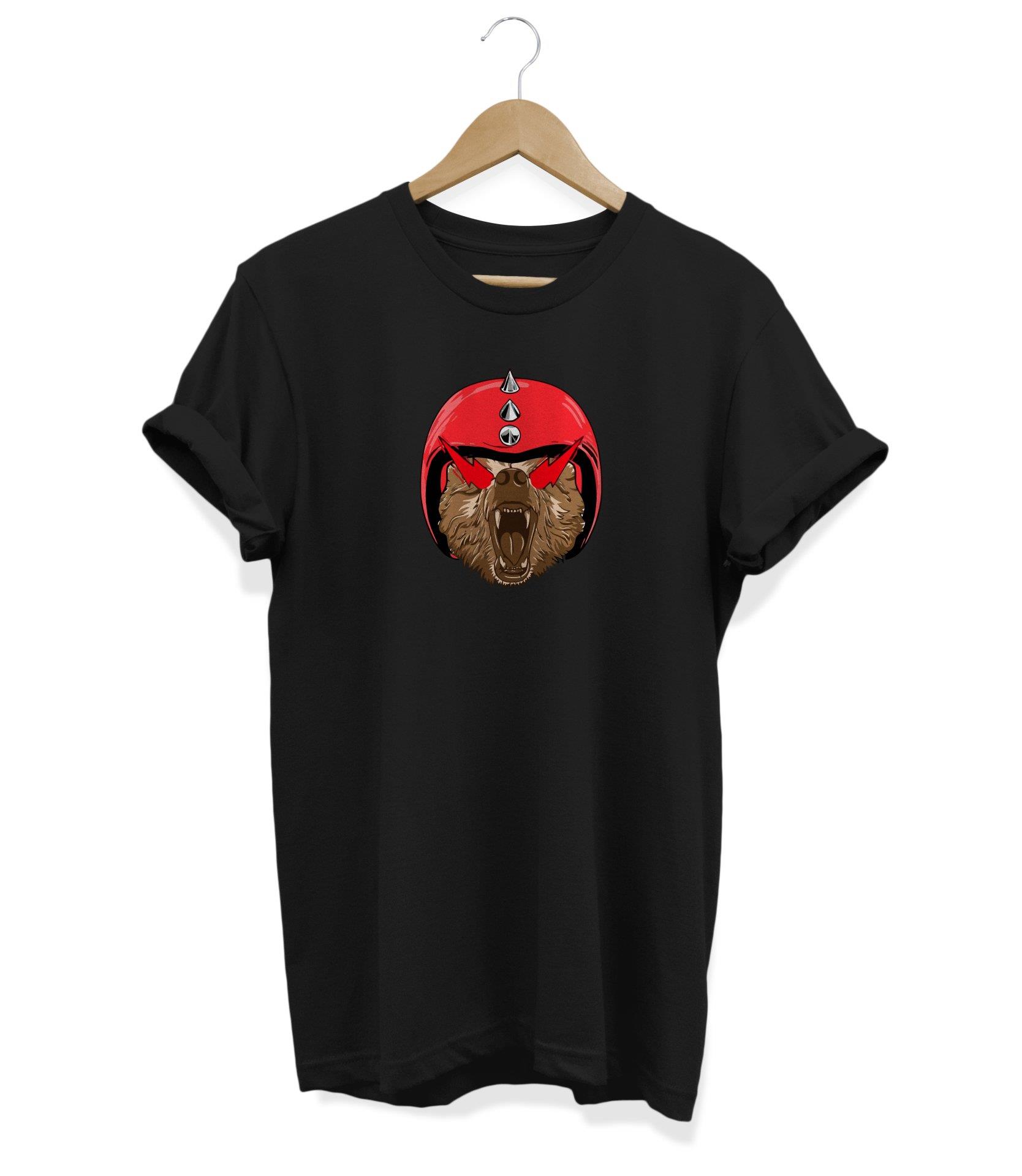 Widi Kasklı Ayı Baskılı T-Shirt Siyah