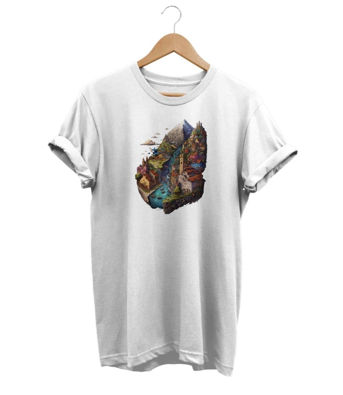 Widi Manzara Baskılı T-Shirt Beyaz