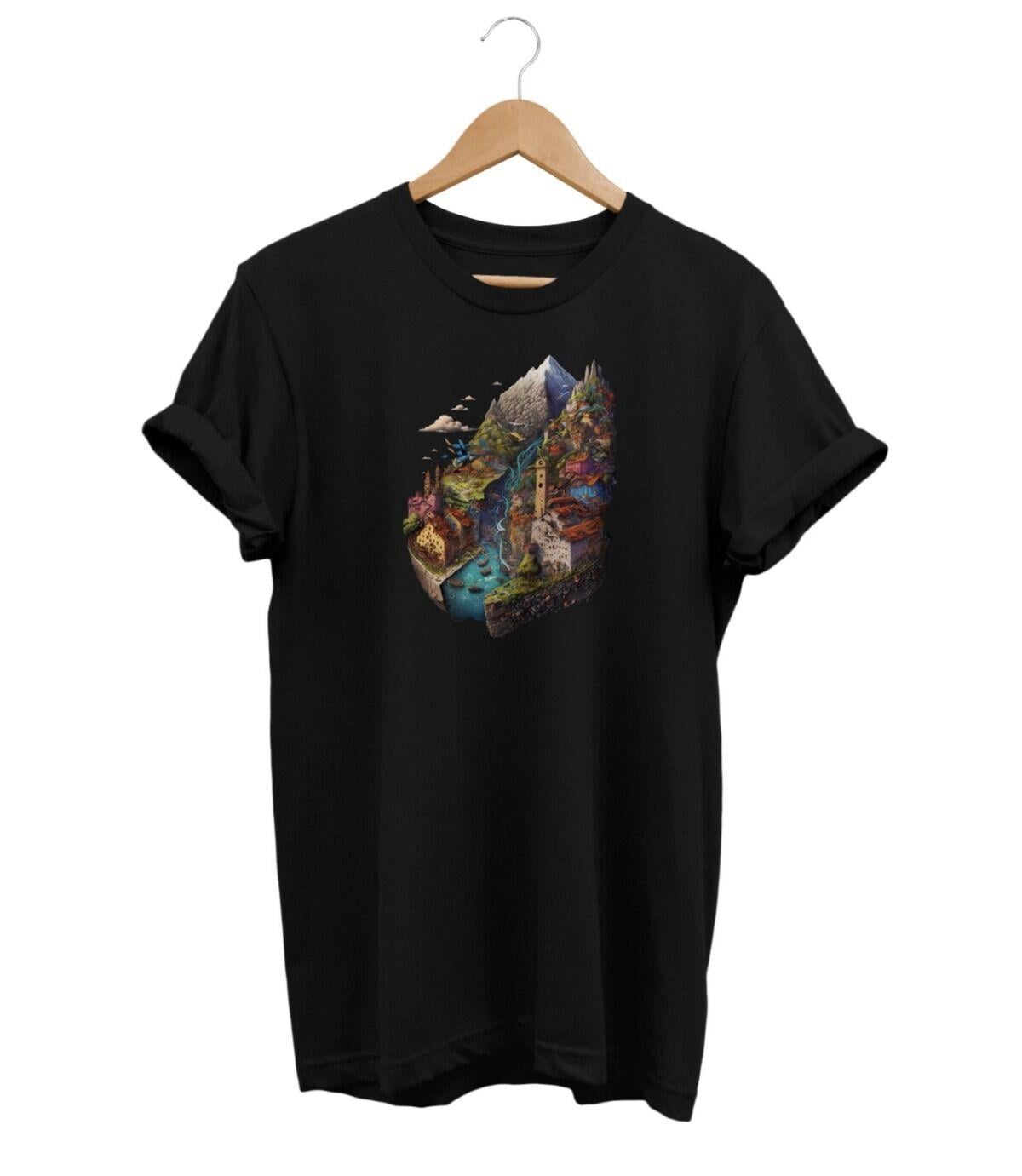 Widi Manzara Baskılı T-Shirt Siyah