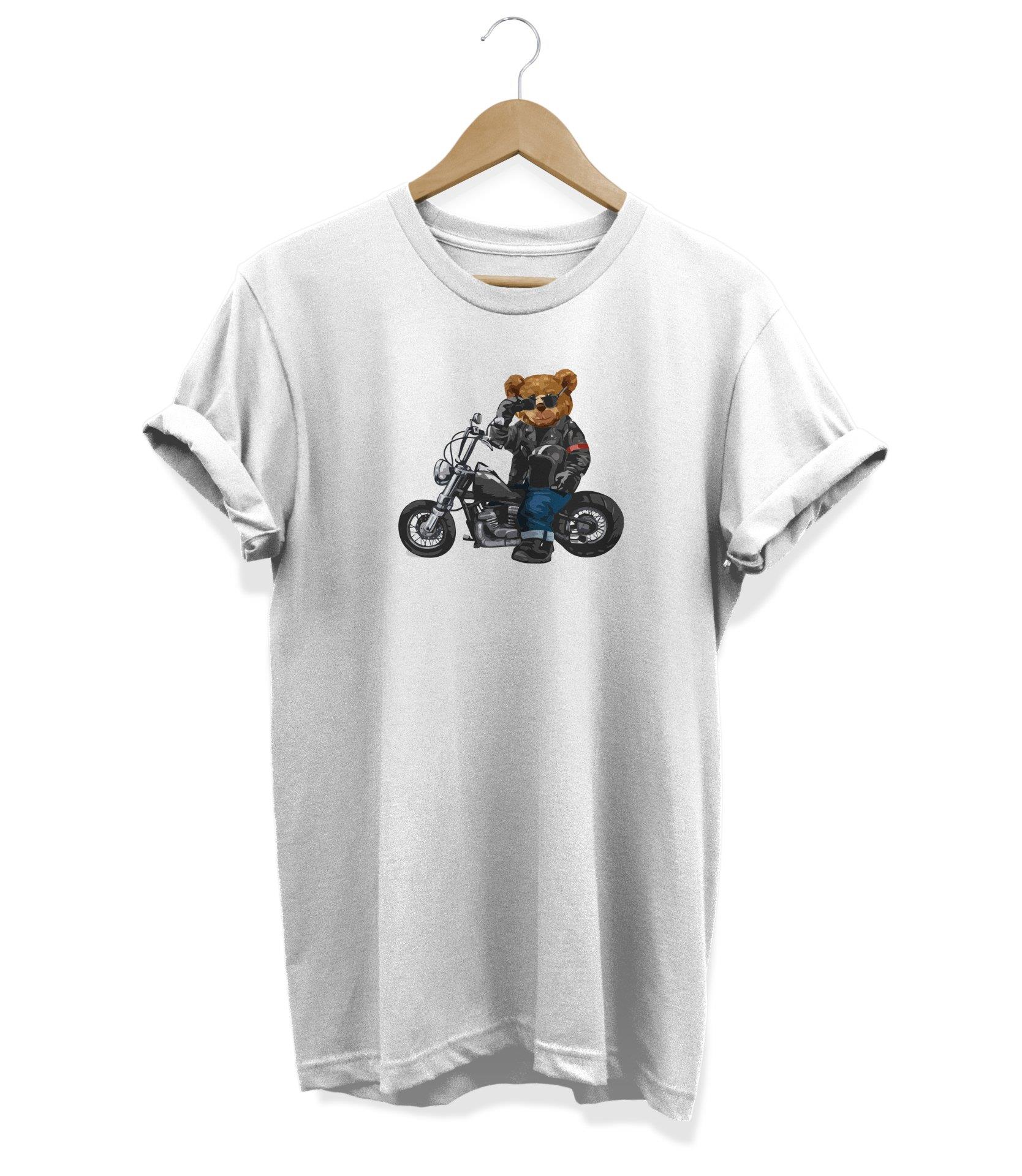 Widi Motorcu Ayı Baskılı T-Shirt Beyaz