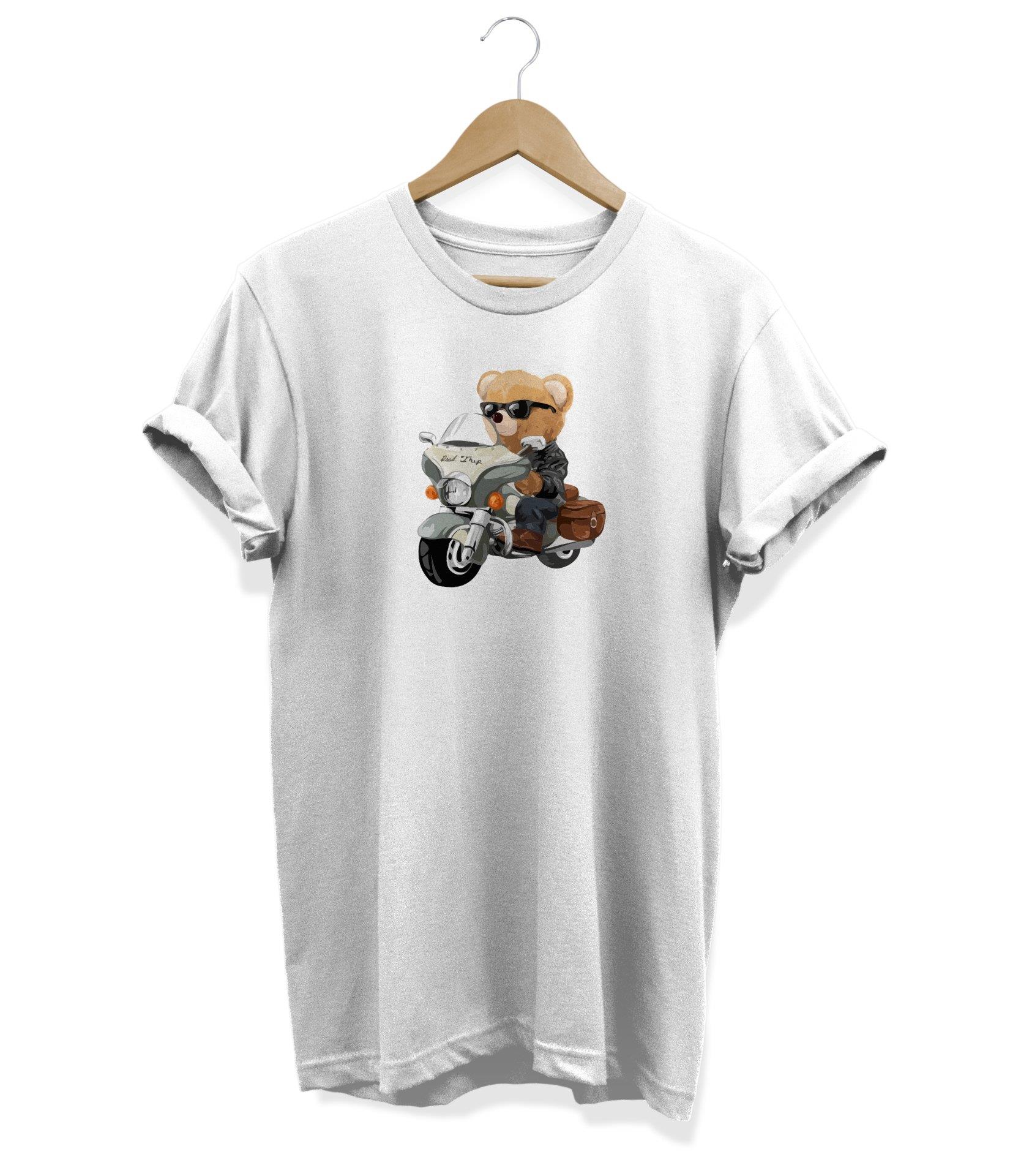 Widi Motorcu Ayı Baskılı T-Shirt Beyaz