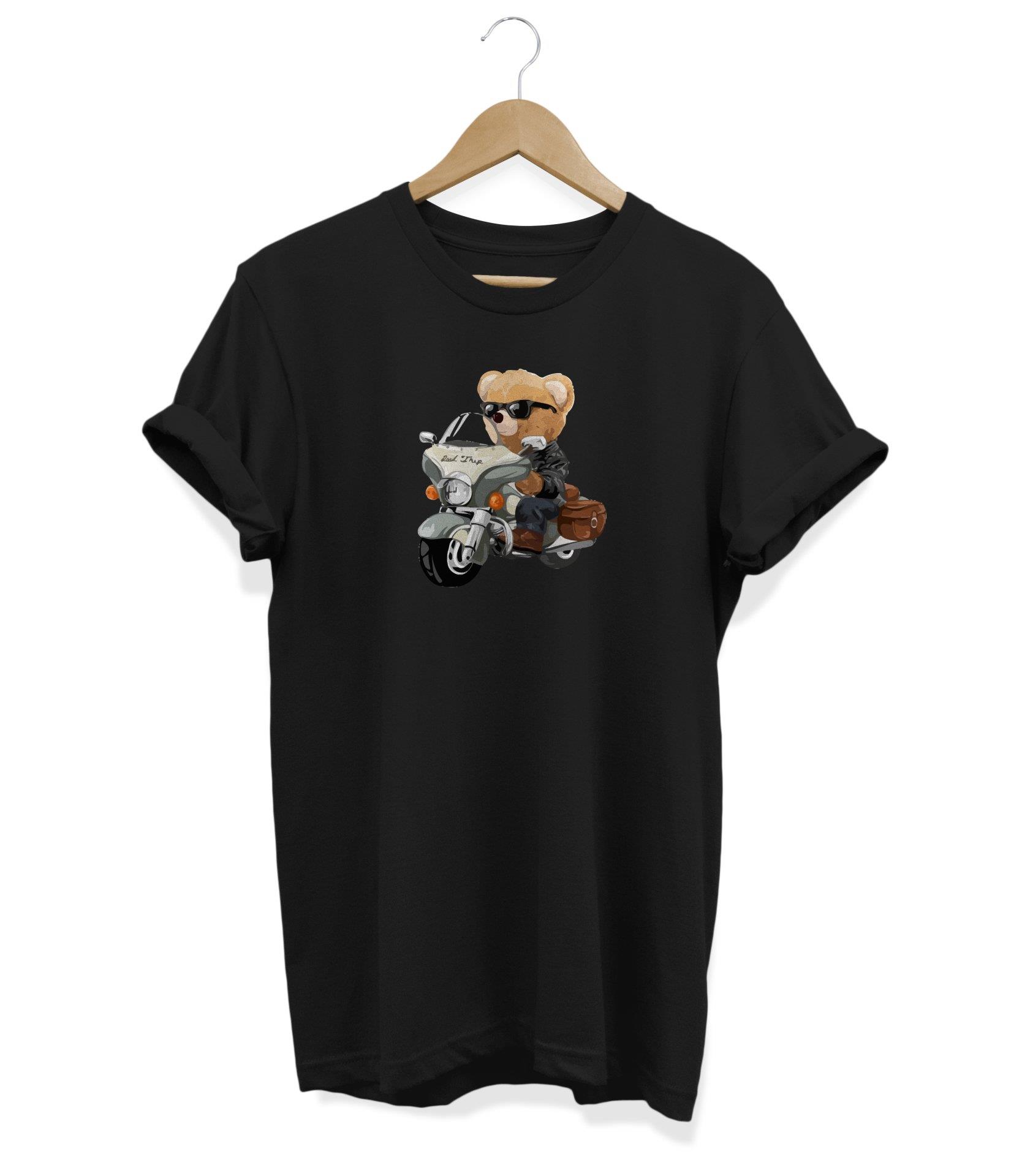 Widi Motorcu Ayı Baskılı T-Shirt Siyah