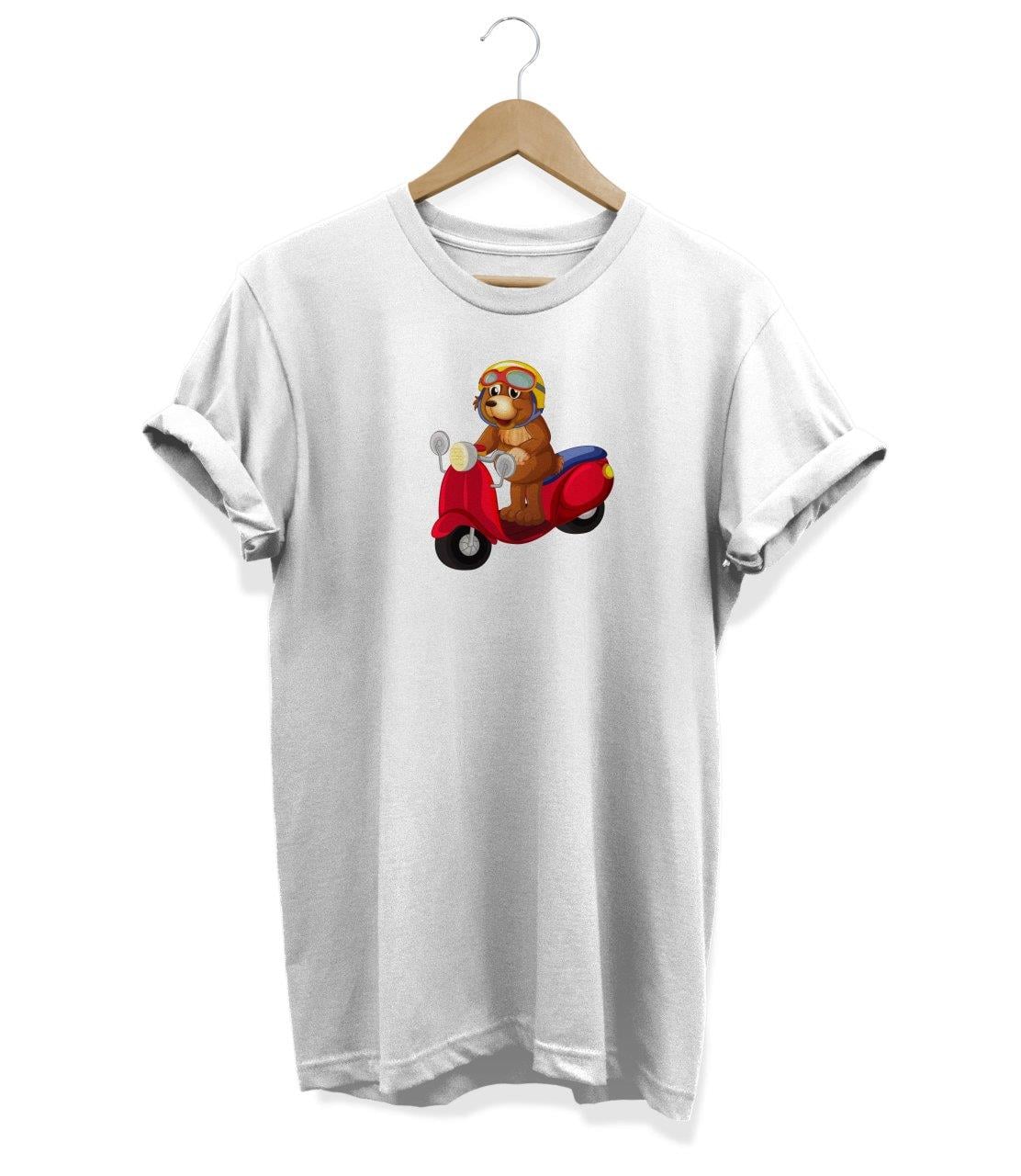 Widi Motorlu Ayıcık Baskılı T_Shirt Beyaz