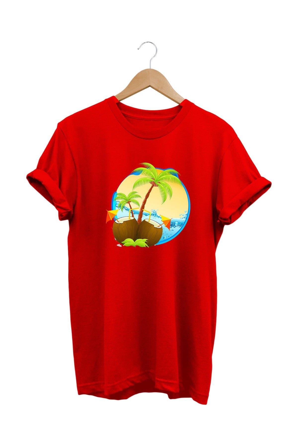 Widi Palmiye Baskılı T-Shirt Kırmızı