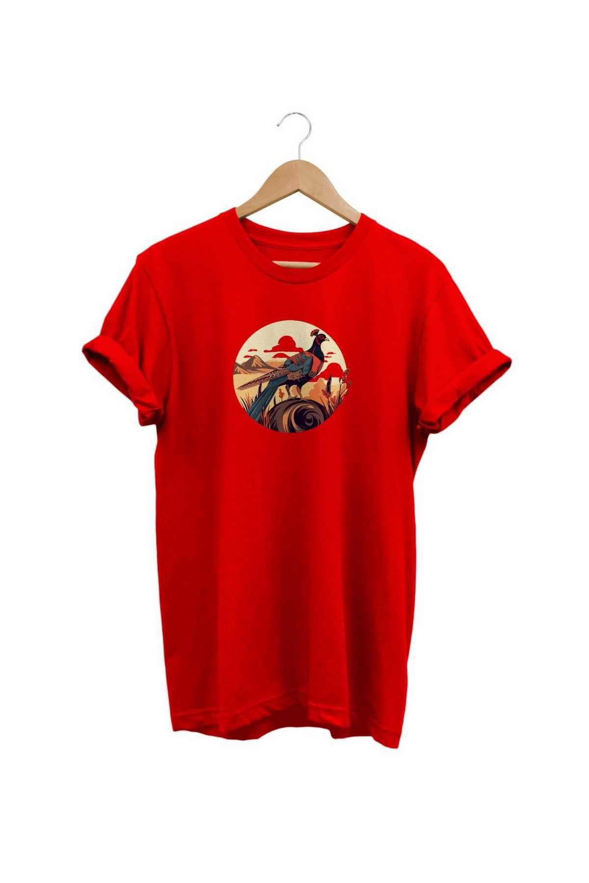 Widi Peafowl Baskılı T-Shirt Kırmızı