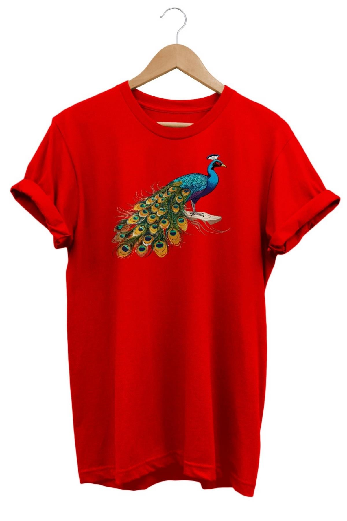 Widi Tavus Kuşu Baskılı T-Shirt Kırmızı