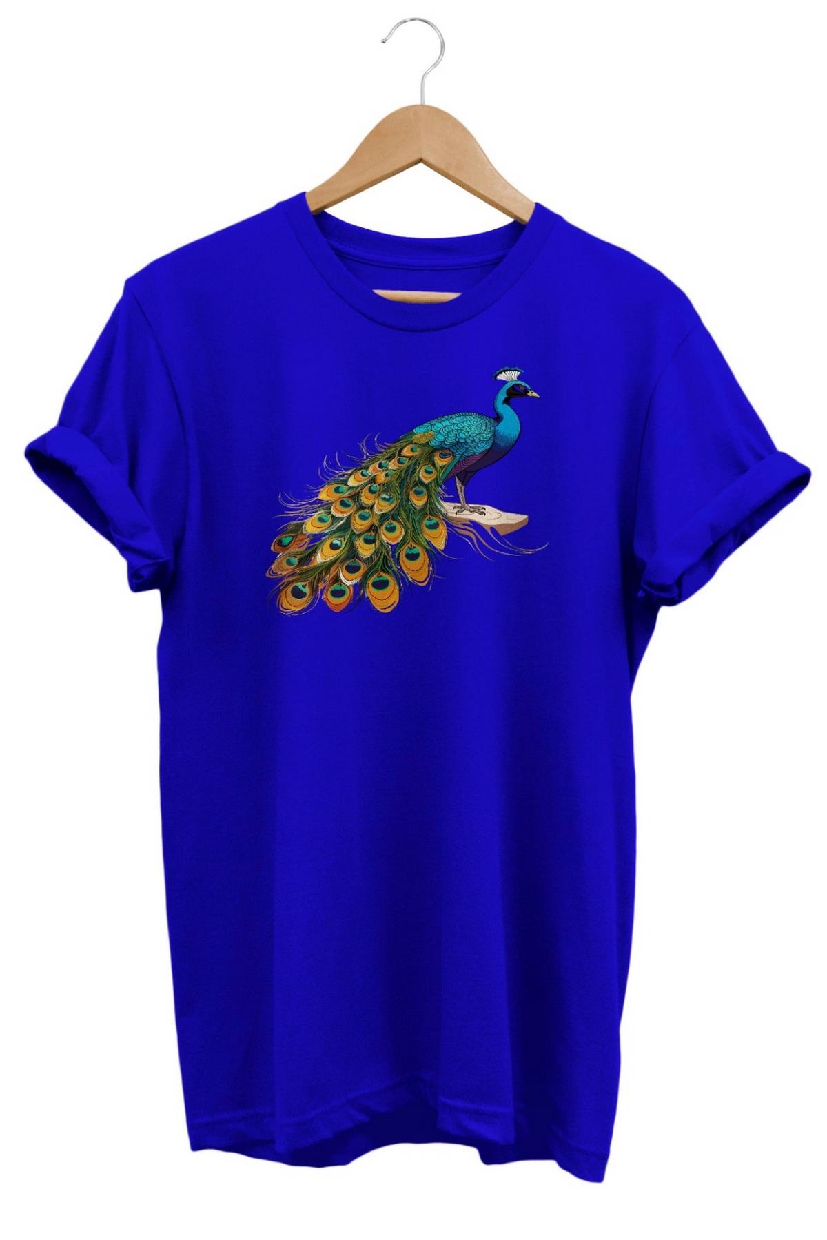 Widi Tavus Kuşu Baskılı T-Shirt Mavi